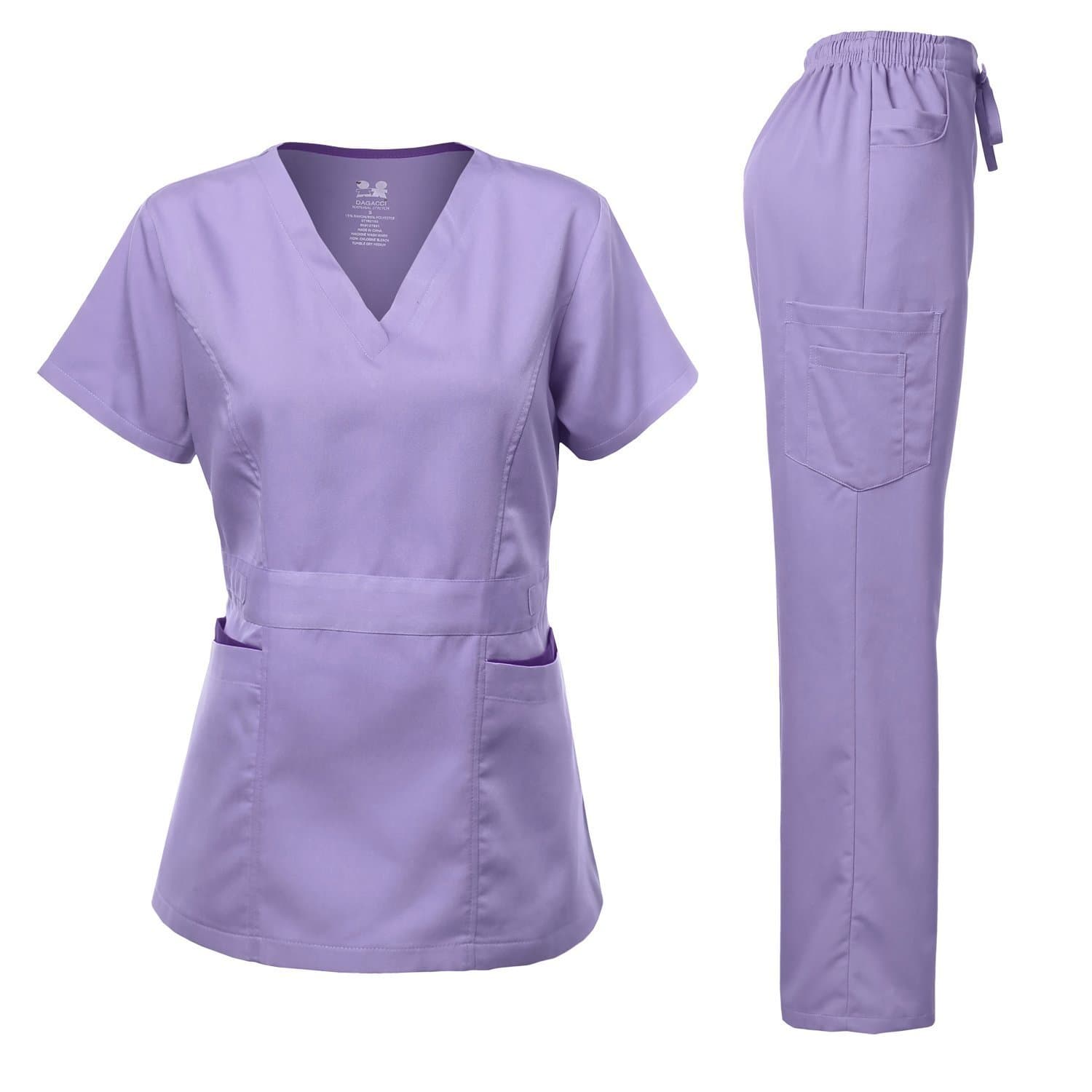 Dagacci Medical Uniform Women's Scrubs Set Stretch Ultra Soft Contrast Pocket, Lavender, Medium