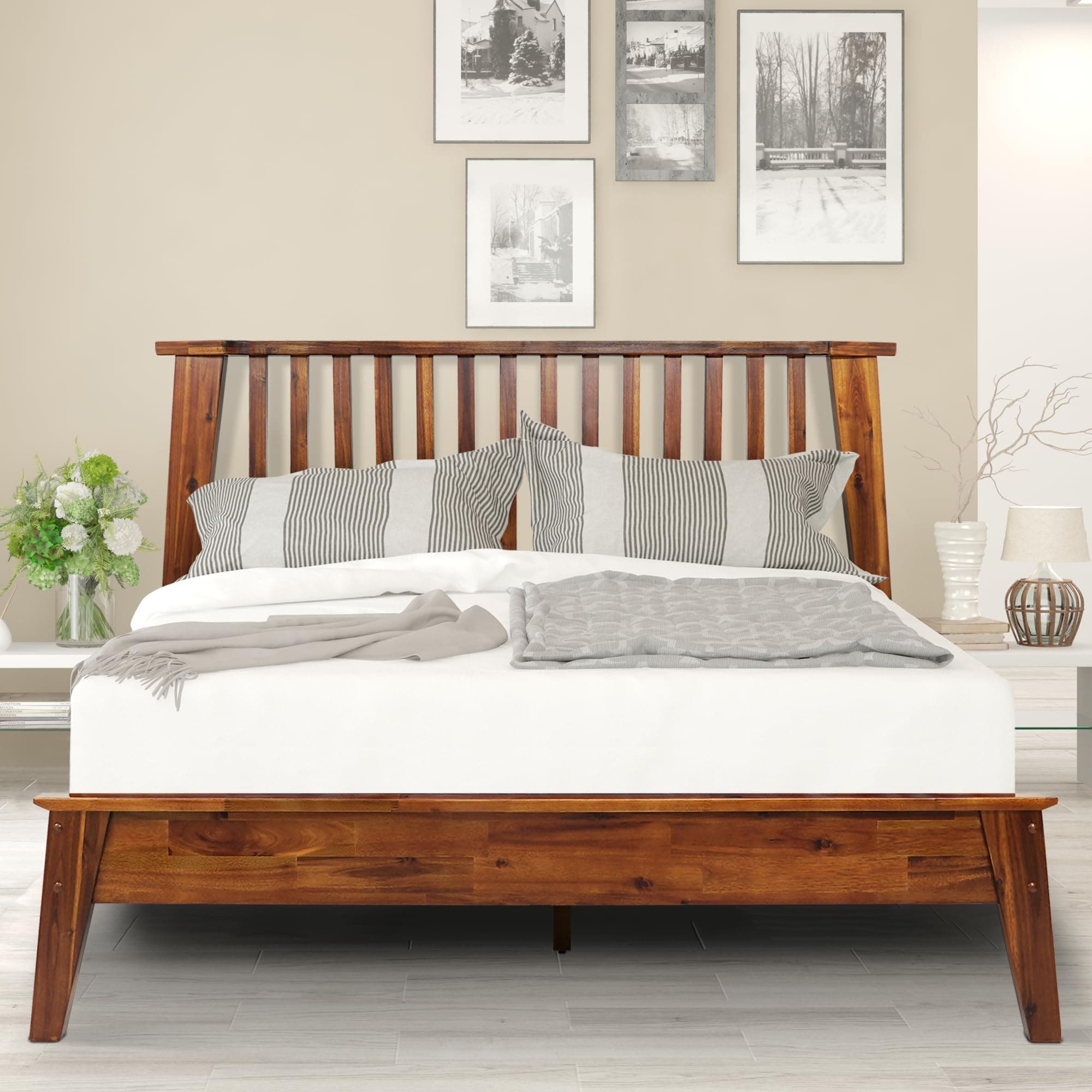 Acacia Kaylin Bed Frame with Headboard Solid Wood Platform Bed, Queen Bed Frame, Scandinavian Signature Wood Bed Compatible with All Mattress Types, Non-Slip and Noise-Free, Caramel