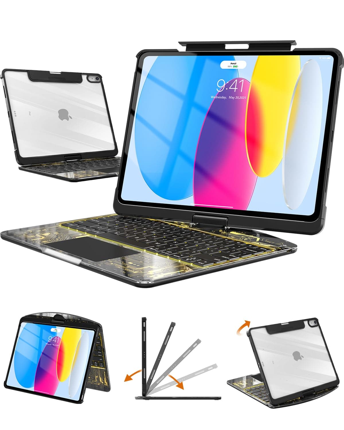 Auupgo Transparent Keyboard Case with Trackpad for iPad 11th Gen A16 (2025) & 10th Gen 10.9" (2022), 7-Color Backlit Wireless Bluetooth Keyboard with 360 Rotating Stand & Pencil Holder, Black