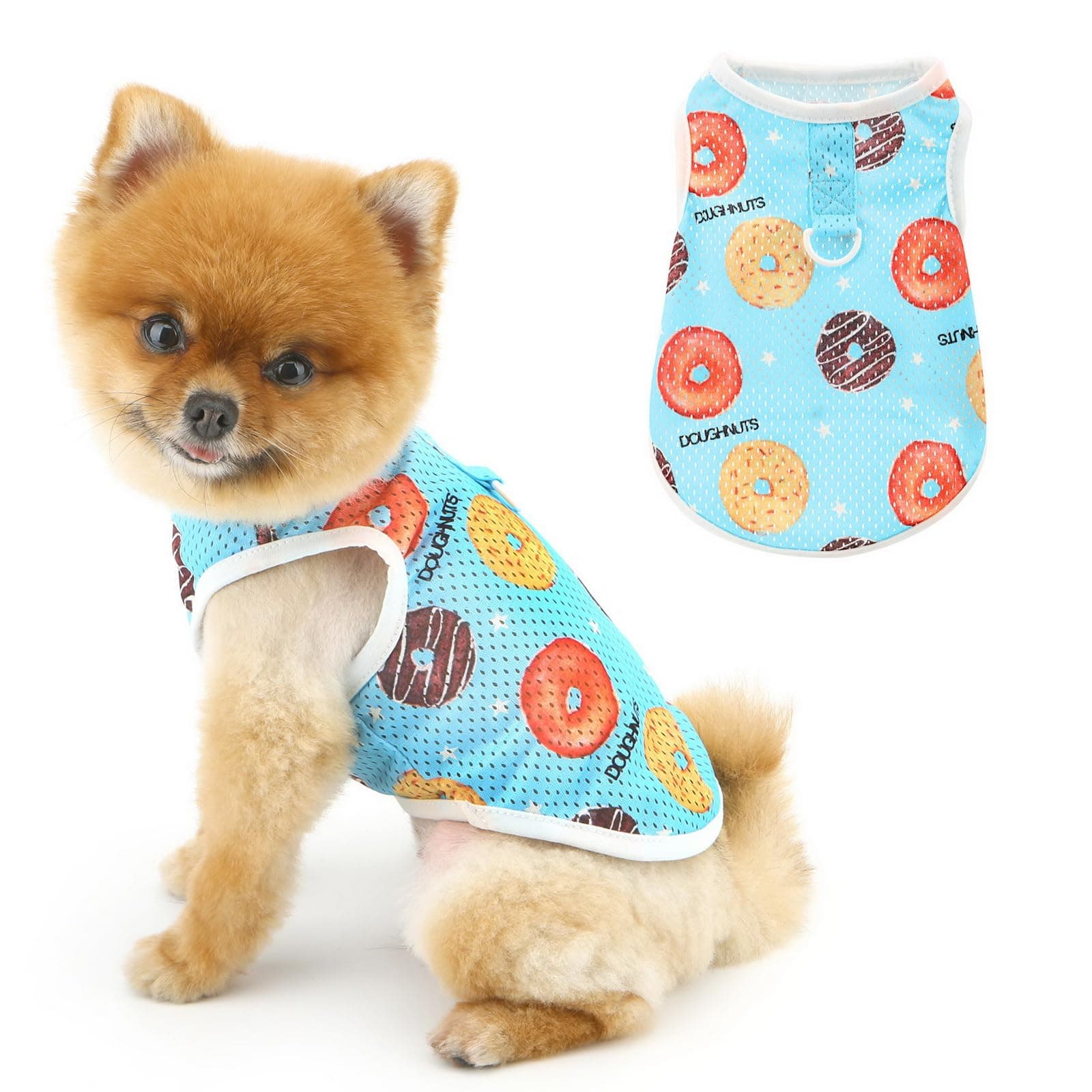 PAIDEFUL Small Dog Shirt Breathable Cool Doggy T-Shirts with Doughnut Pattern Tank Top Sleeveless Vest Puppy Clothes Quick Dry Lightweight Pet Summer Tee Cat Chihuahua Costume D-Ring,Blue,XS