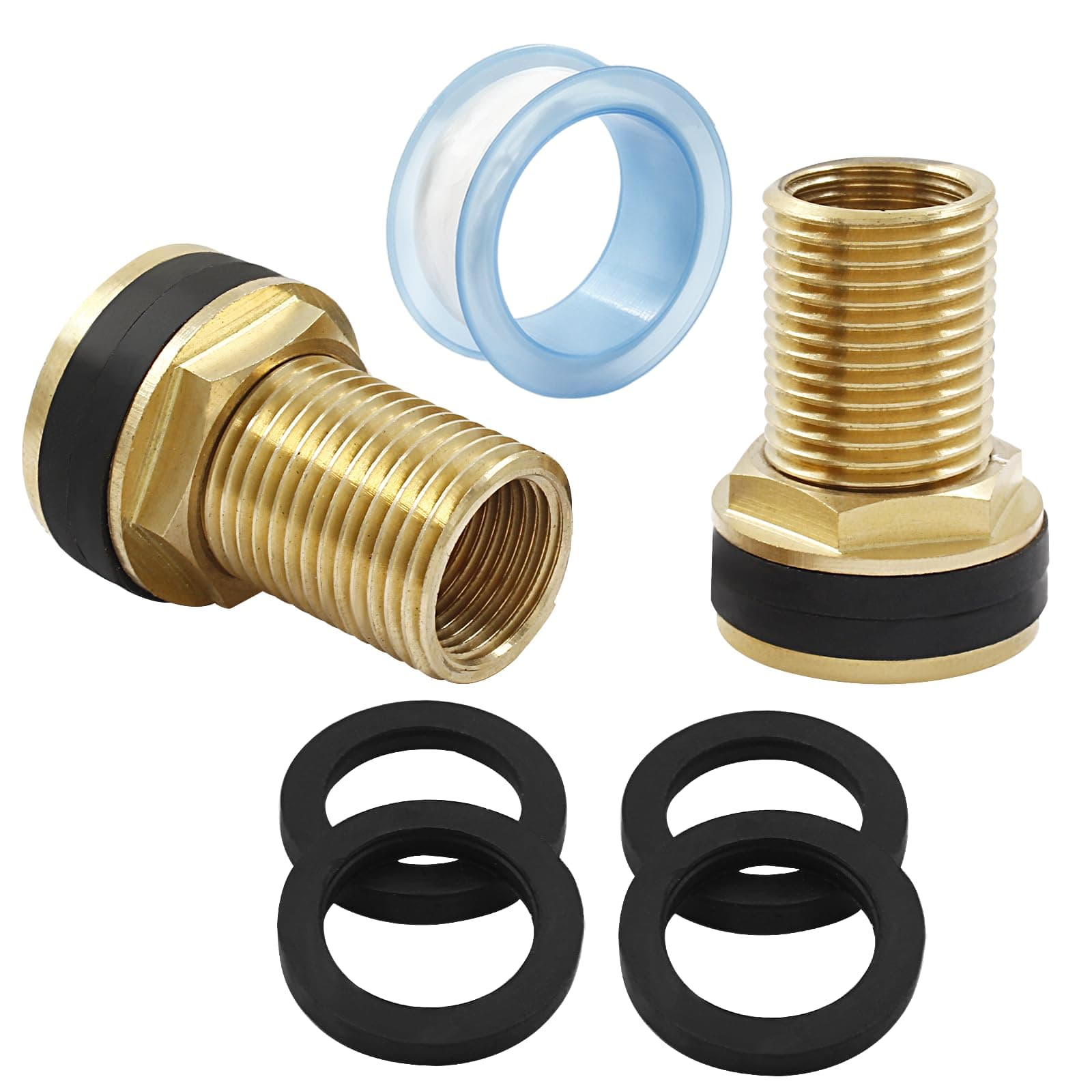 LifCratms 2Pcs Brass Bulkhead Fitting, 3/8" Female 1/2" Male Water Tank Connector Double Threaded Bulkhead Fitting with Rubber Rings for Rain Barrels and Aquariums