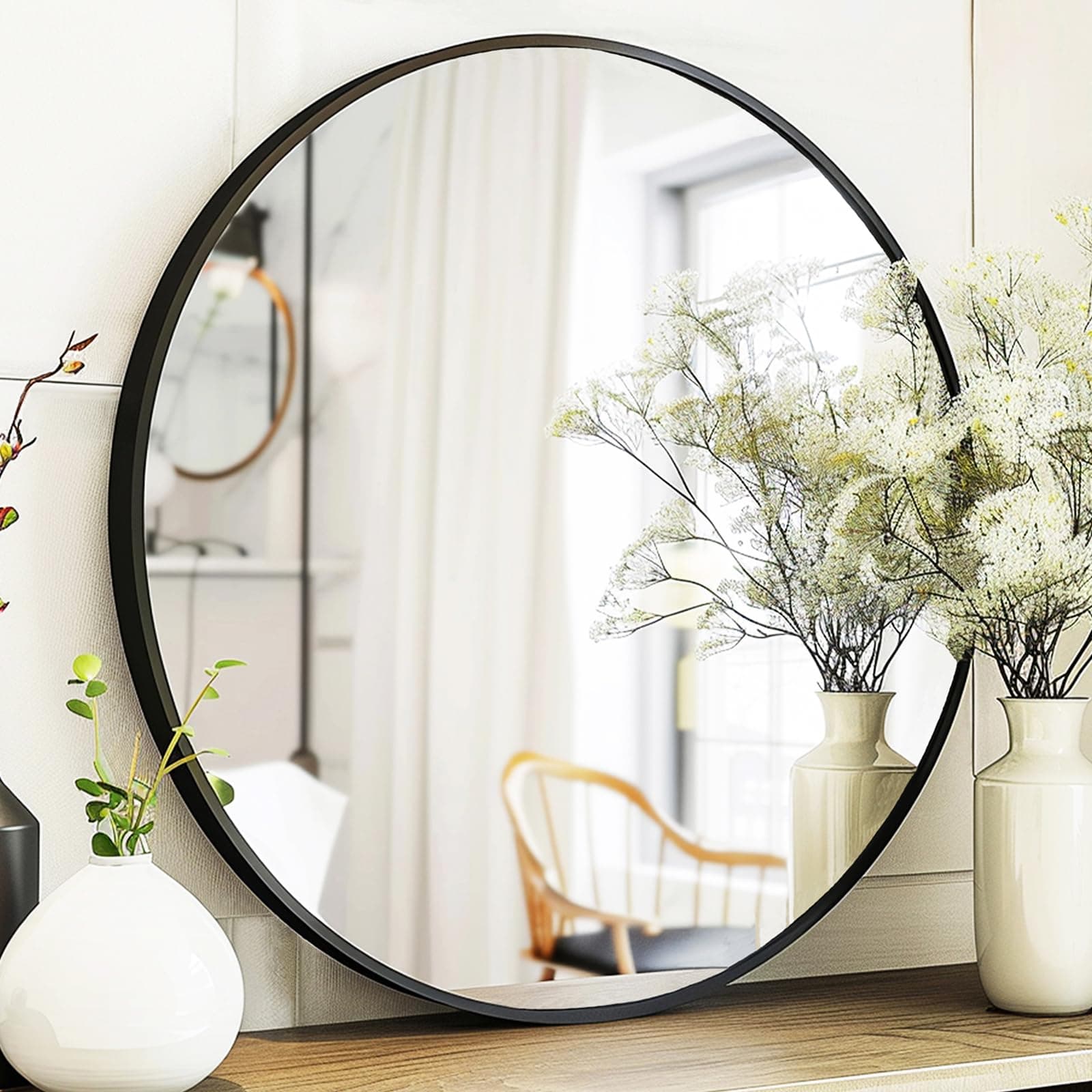 Sunniry Circle Mirror 26 inch, Black Round Mirror, Round Bathroom Mirrors Metal Frame, Circle Mirrors for Living Room, Bathroom, Wall, Hallway.