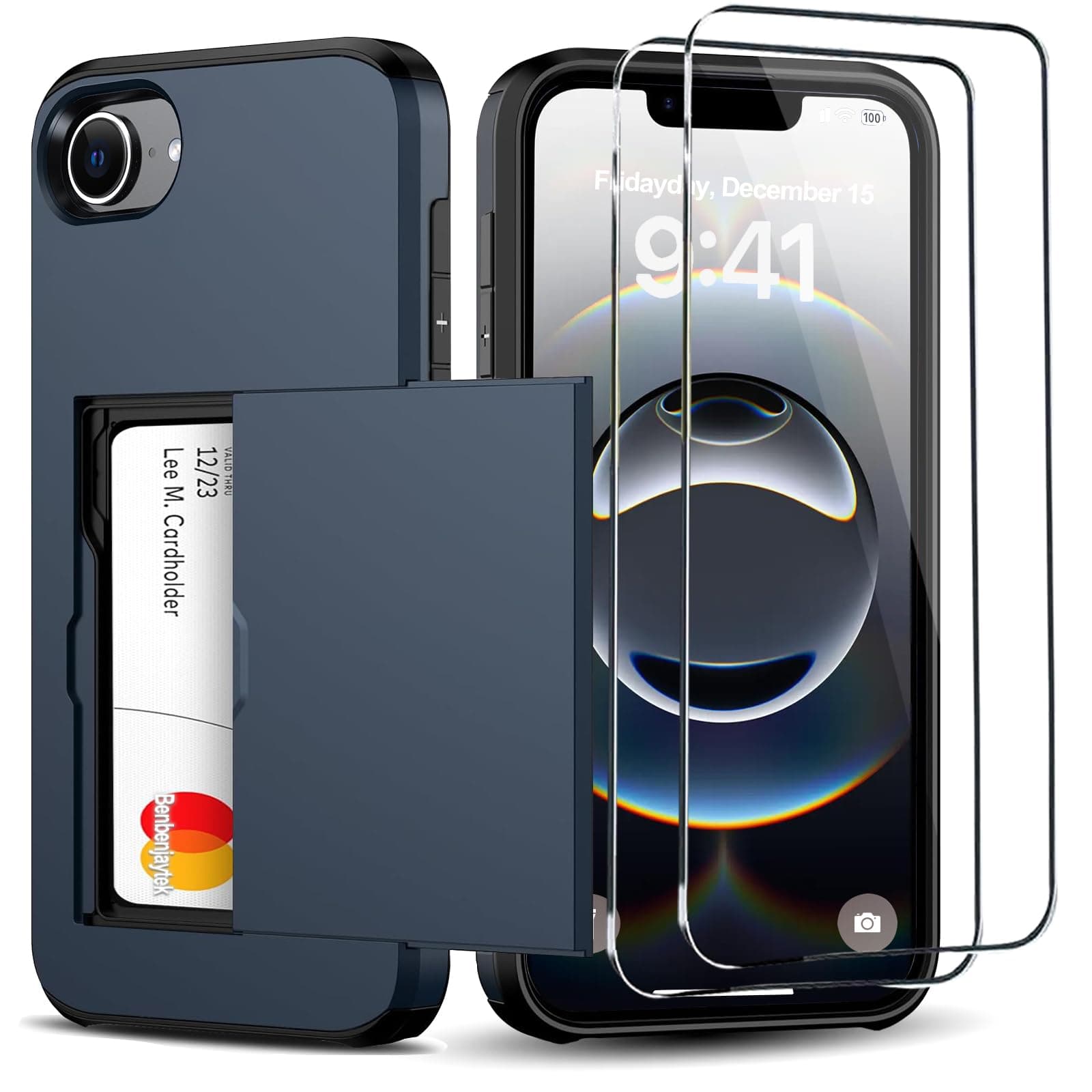 Benbenjaytek for iPhone 17e/iPhone 16e Wallet Case with Card Holder + 2 Tempered Glass Screen Protector Protective Shockproof Hidden Card Slot Case Women Men for iPhone 17e/16e 6.1"(Blue)
