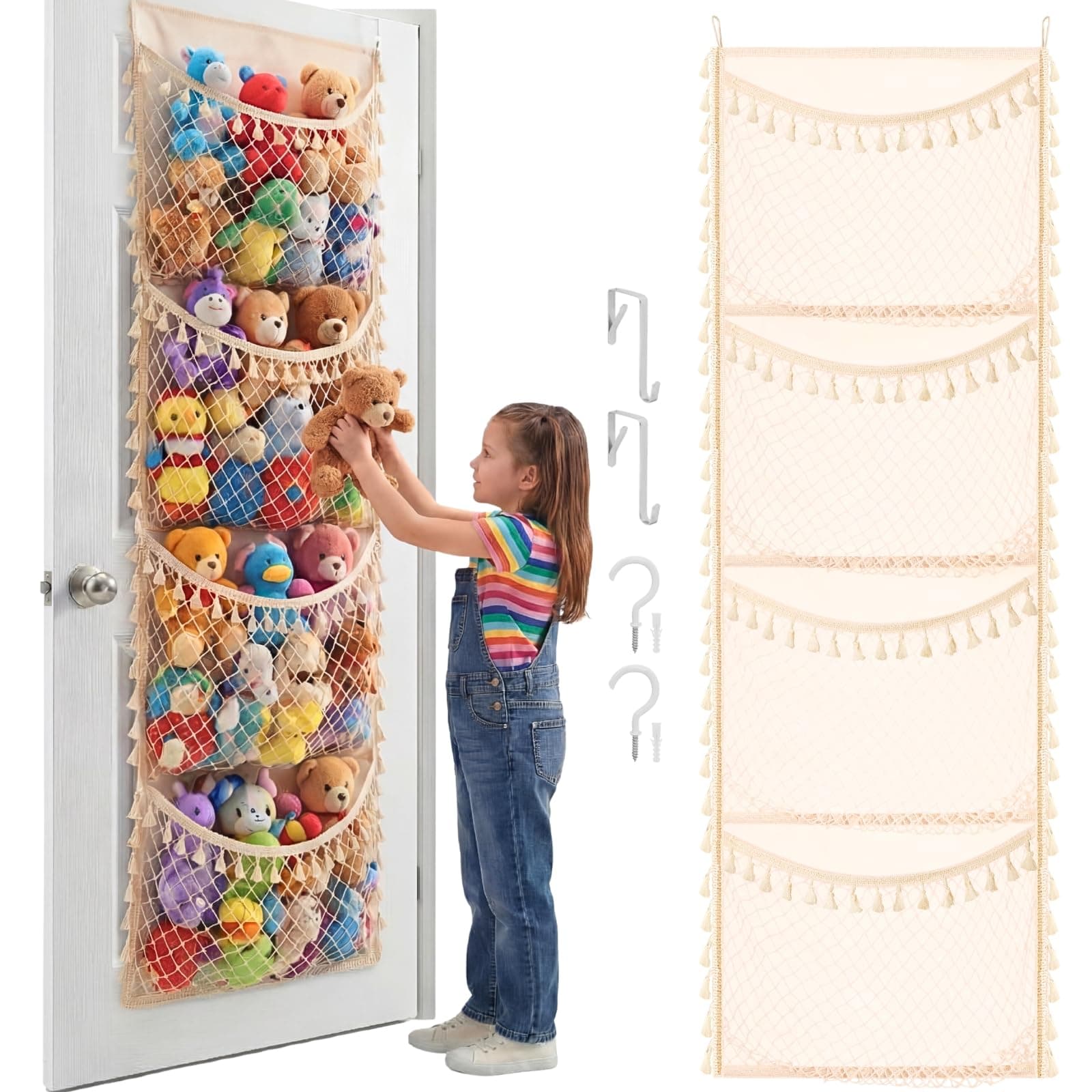 Over The Door Stuffed Animal Storage, Cotton Toy Organizer for Storage Plush Toys,Baby Supplies, Stuffed Animal Holder with 4 Large Pockets, Hanging Door Organizer for Nursery, Bedroom (Tassel)