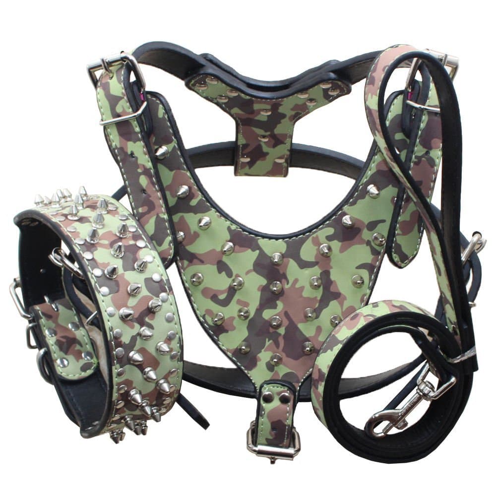 Pimaodog Leather Spiked Studded Harnesses, Collars & Leashes 3Pcs Matching Set for Medium & Large Dogs Pitbull,Mastiff, Boxer, Bull Terrier (Camo, L)