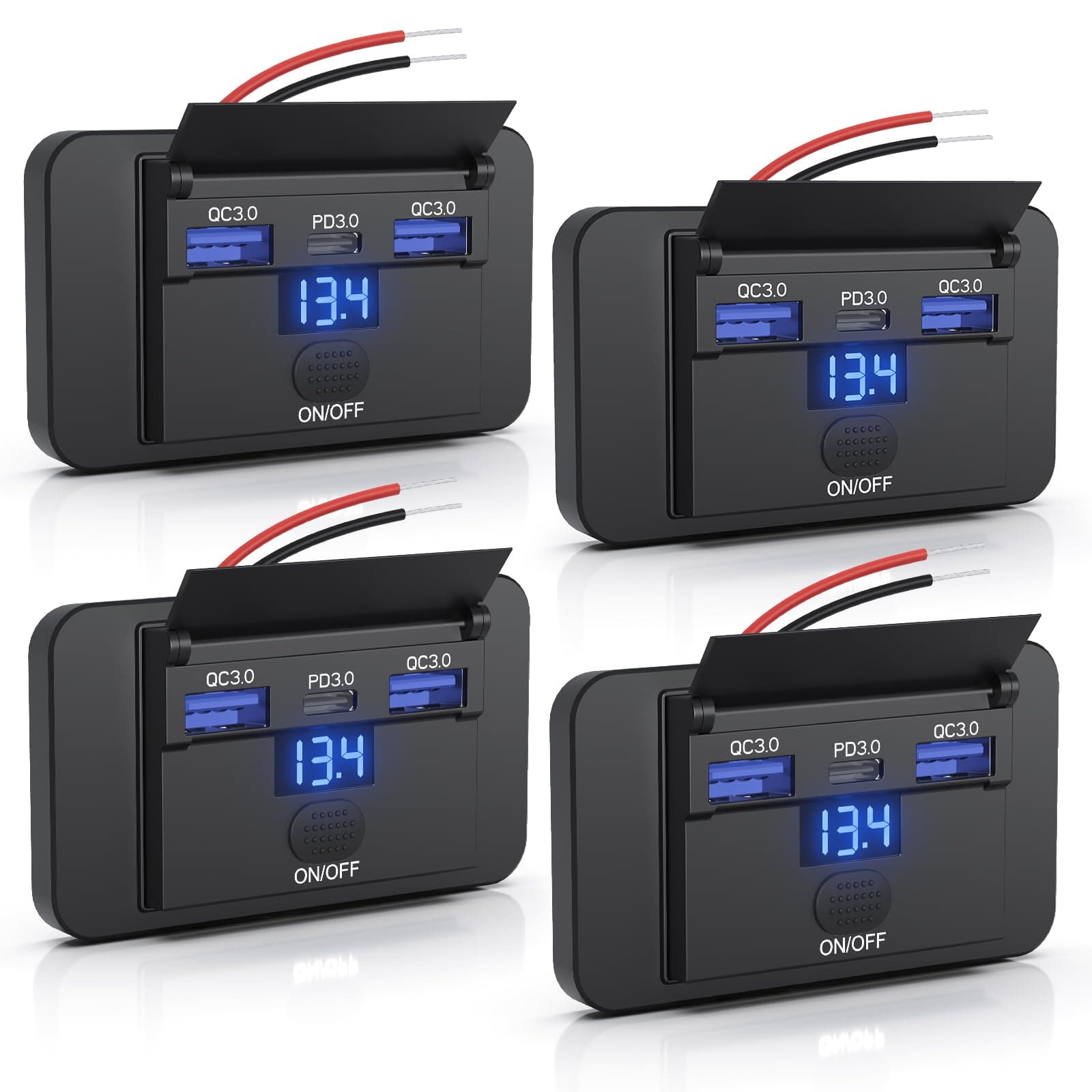 Gibbab 72W 3 Ports 12V RV USB Switch Outlet with Voltmeter, 36W PD3.0 Type-C Quick Charge + 2*18W QC3.0 Panel Wall Mount Car Charger Socket Automotive Multi-Port Adapter for ATV Marine Truck Boat Bus