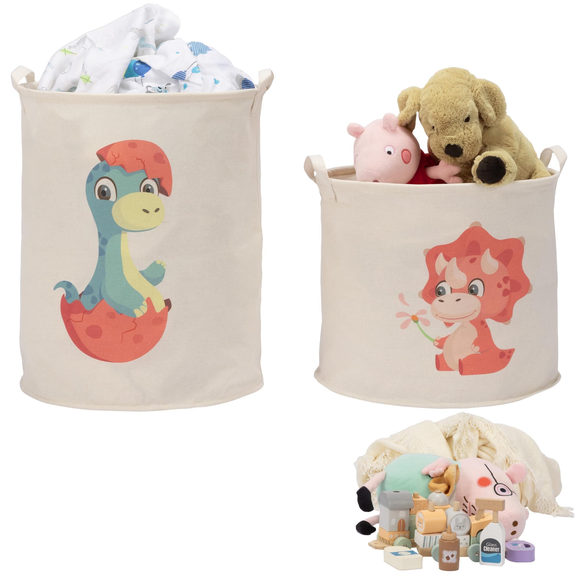 Navaris Red Dinosaur Toy Storage Baskets, Set of 2 - Collapsible Toys & Laundry Kids Hamper - Round Washing Basket Ideal for Baby Nursery and Bedroom - Hampers For Boys and Girls