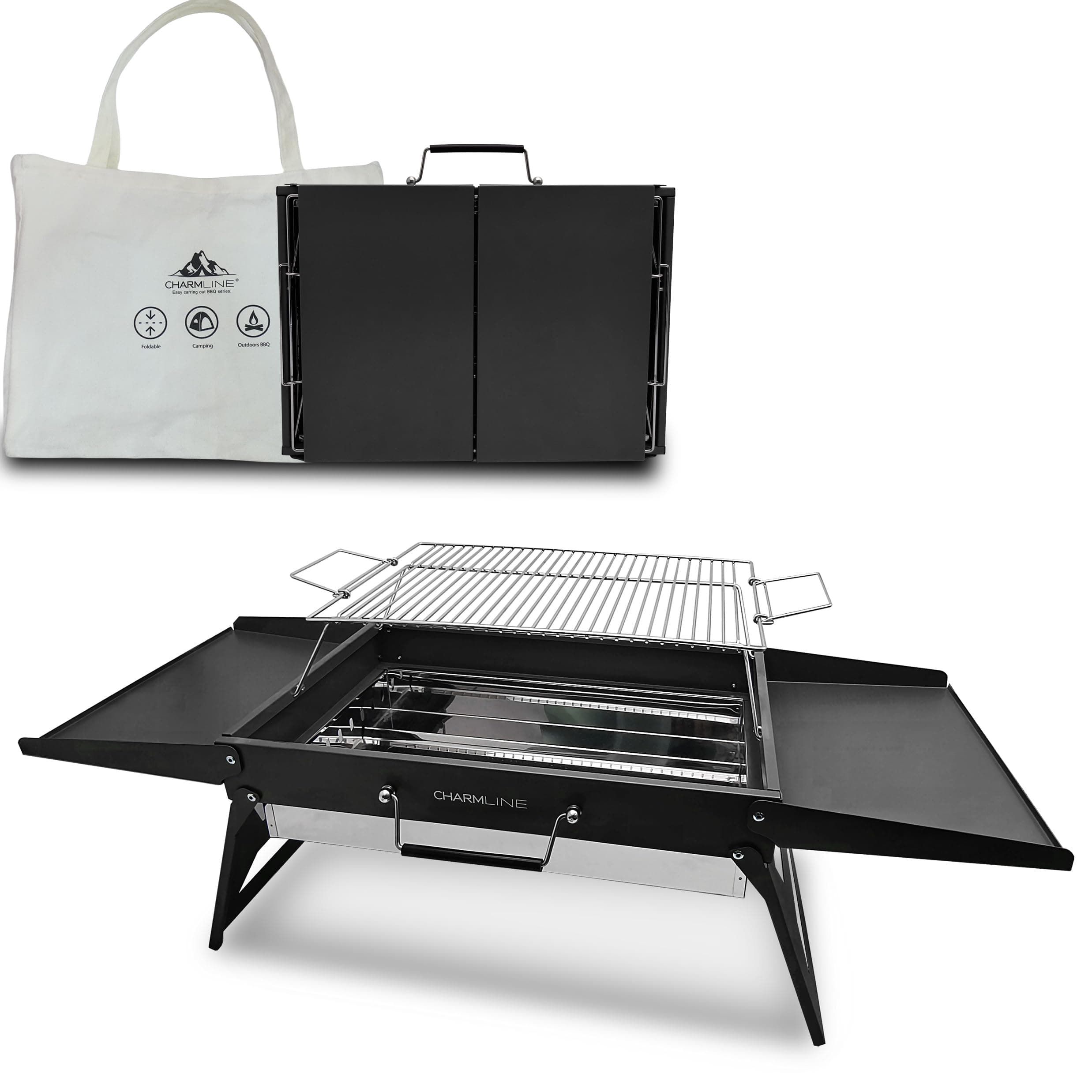 Charmline 47 x 34 cm Big Foldable Portable Grill Charcoal, Compact Portable Grill, Desktop Charcoal Grill, BBQ Grill for Camping, Picnics, Gardens and Beach Parties, Black