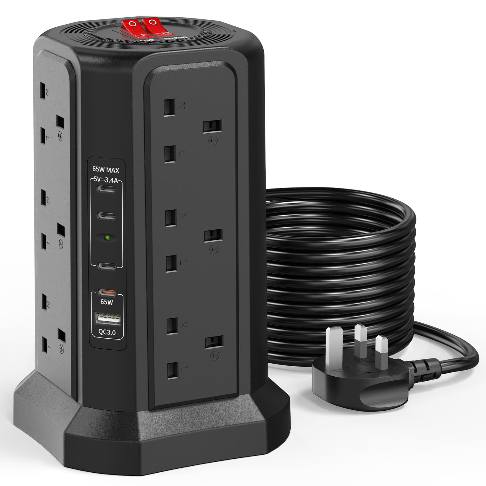 HAFINO Tower Extension Lead 3M with PD 65W USB C Fast Charger and USB Slots