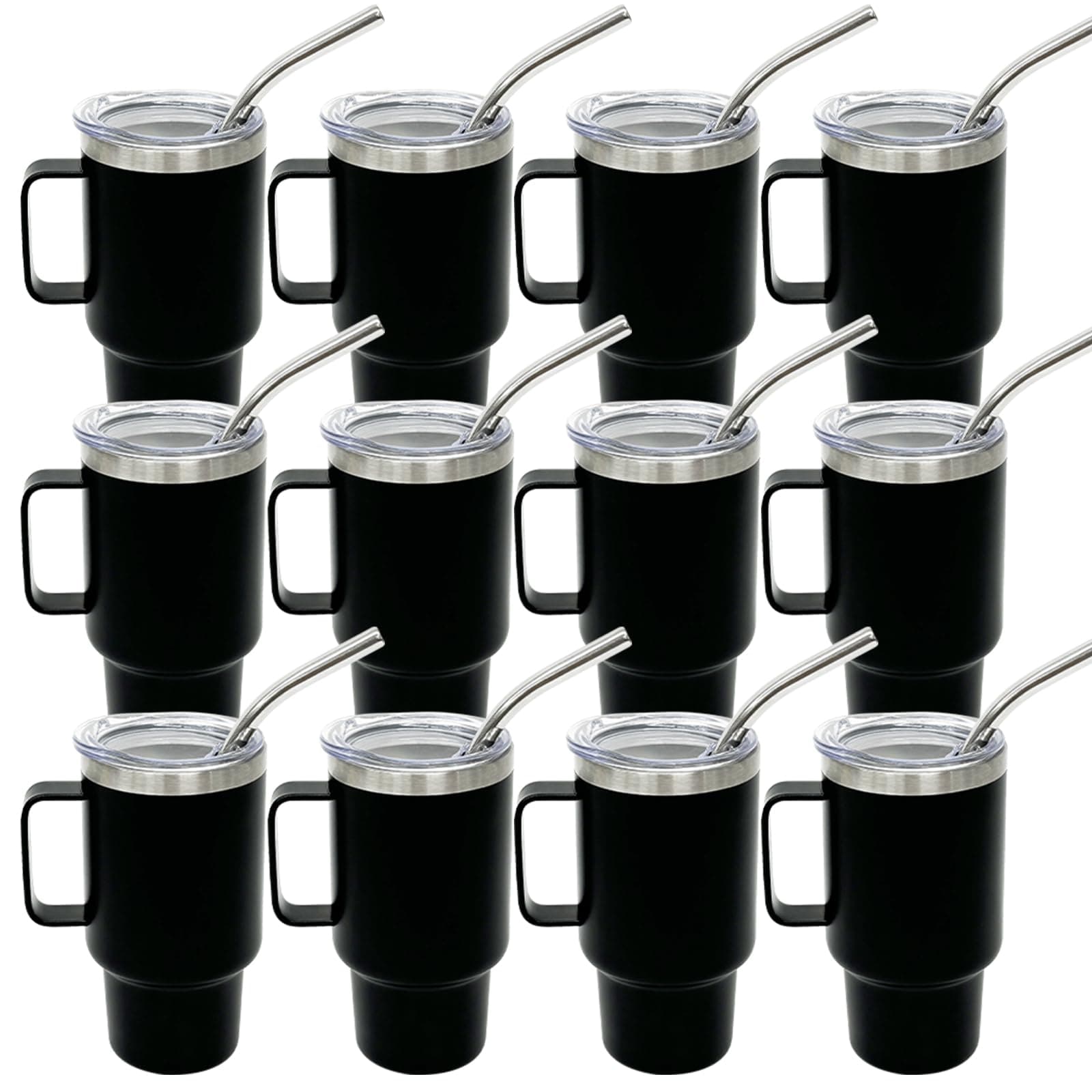Metalya 3 oz Mini Tumbler Shot Glass with Straw and Lid Black, 12 Pack