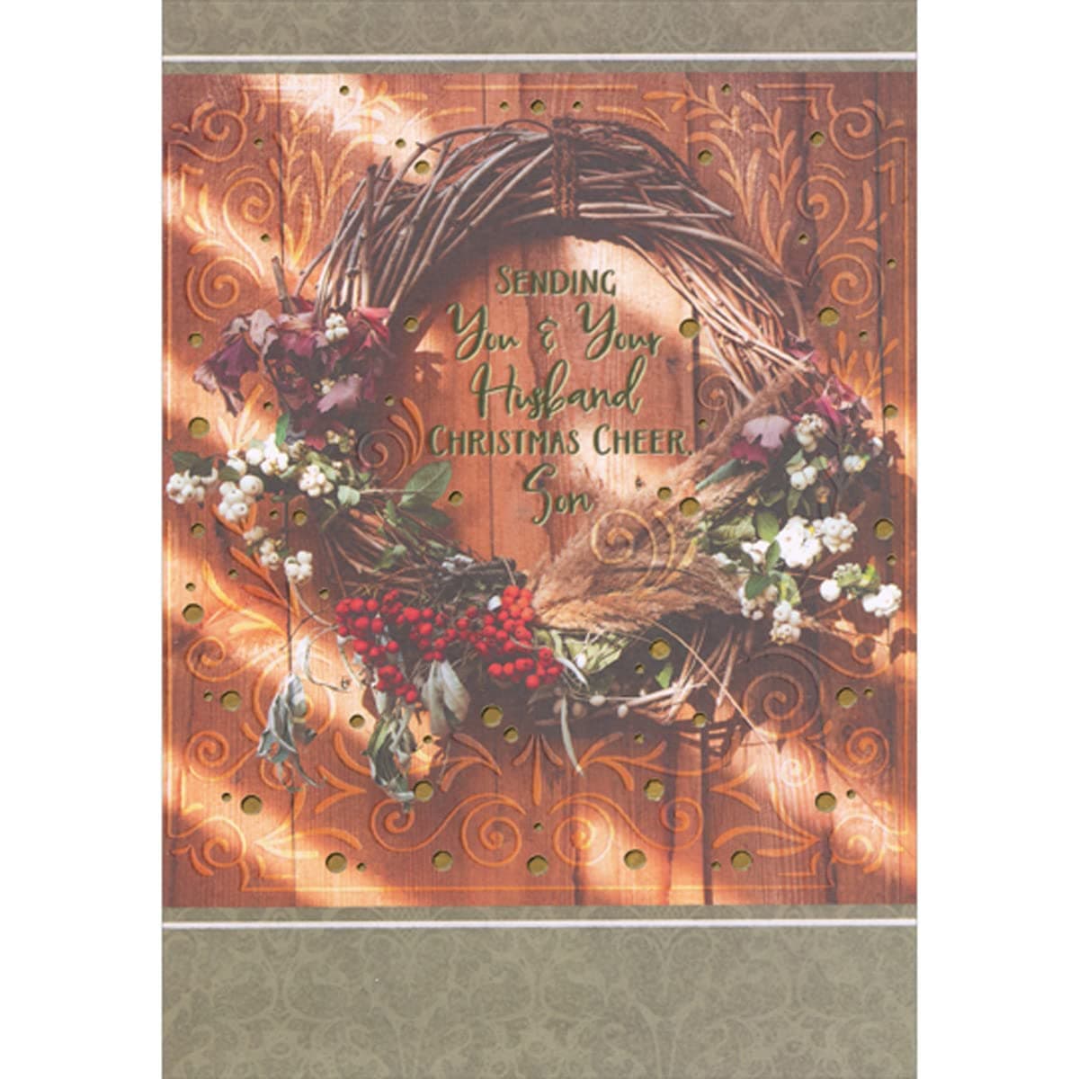 Designer Greetings Branches Wreath Hanging on Wood Planks Christmas Card for Son and Husband