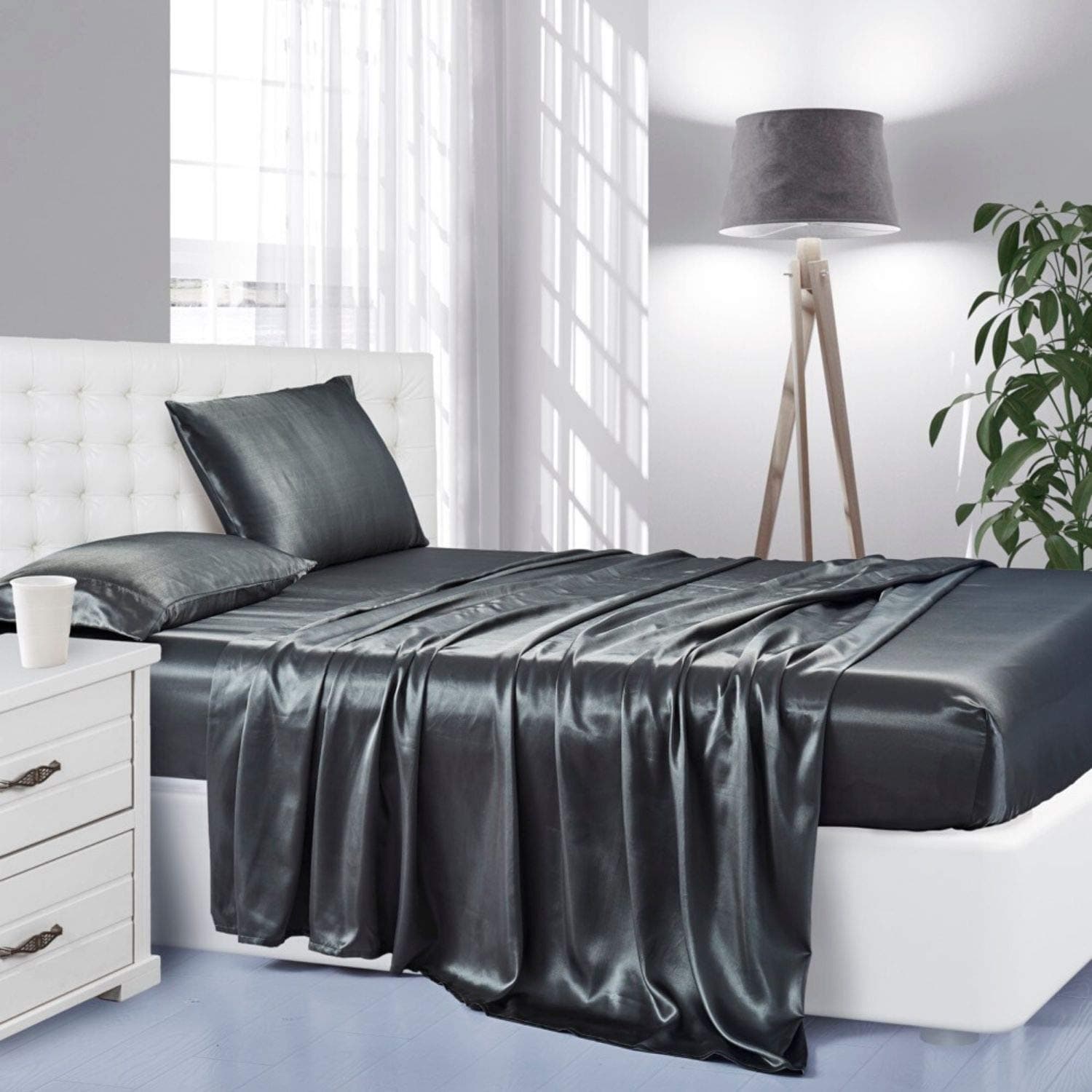 Lanest Housing Silk Satin Sheets, Queen Size Satin Bed Sheet Set with Deep Pockets, Cooling Soft and Hypoallergenic Satin Sheets Queen - Grey