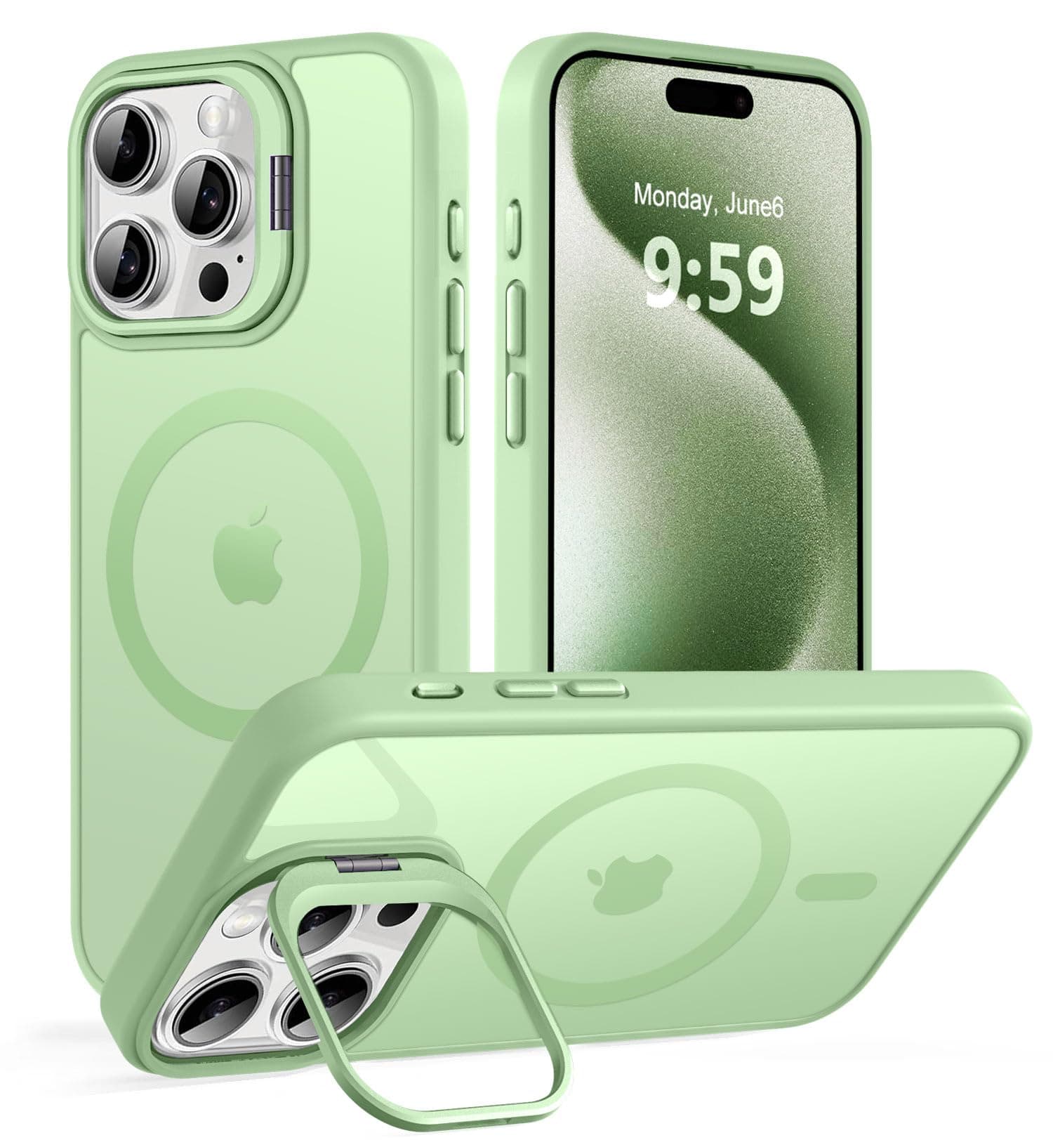 VoBoEo Magnetic Case for iPhone 15 Pro Max with Kickstand, Compatible with Magsafe, Built-in Camera Stash Stand, Military Protection, Skin Feeling Phone Case for iPhone 15 Pro Max, Light Green