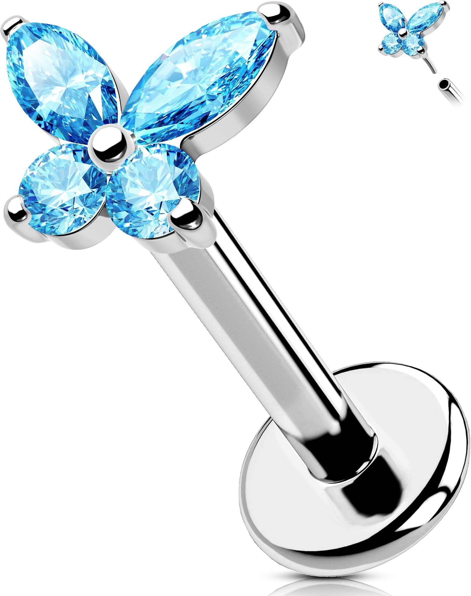 OUFER Body Piercing 16G Surgical Steel Cartilage Earring Threadless Helix Stud Lip Labret Aqua CZ Tragus Conch Lobe Flat Back Piercing Jewellery 6/8/10/12mm