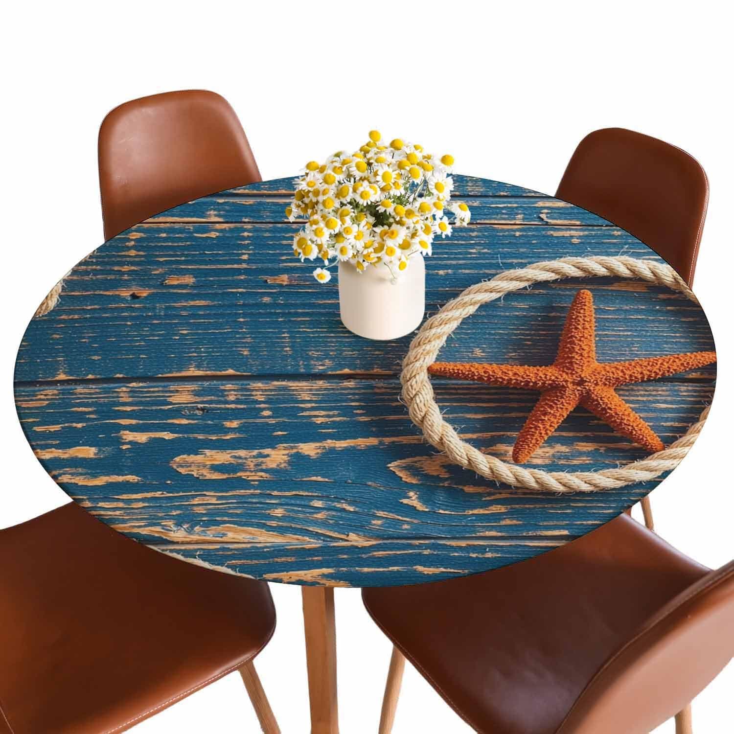 Guxxuil Wooden Starfish Round Tablecloth Retro Rope Wooden Boards Marine Fitted Table Cover Washable Tablecloths for Kitchen Dining Party 40-44 inch