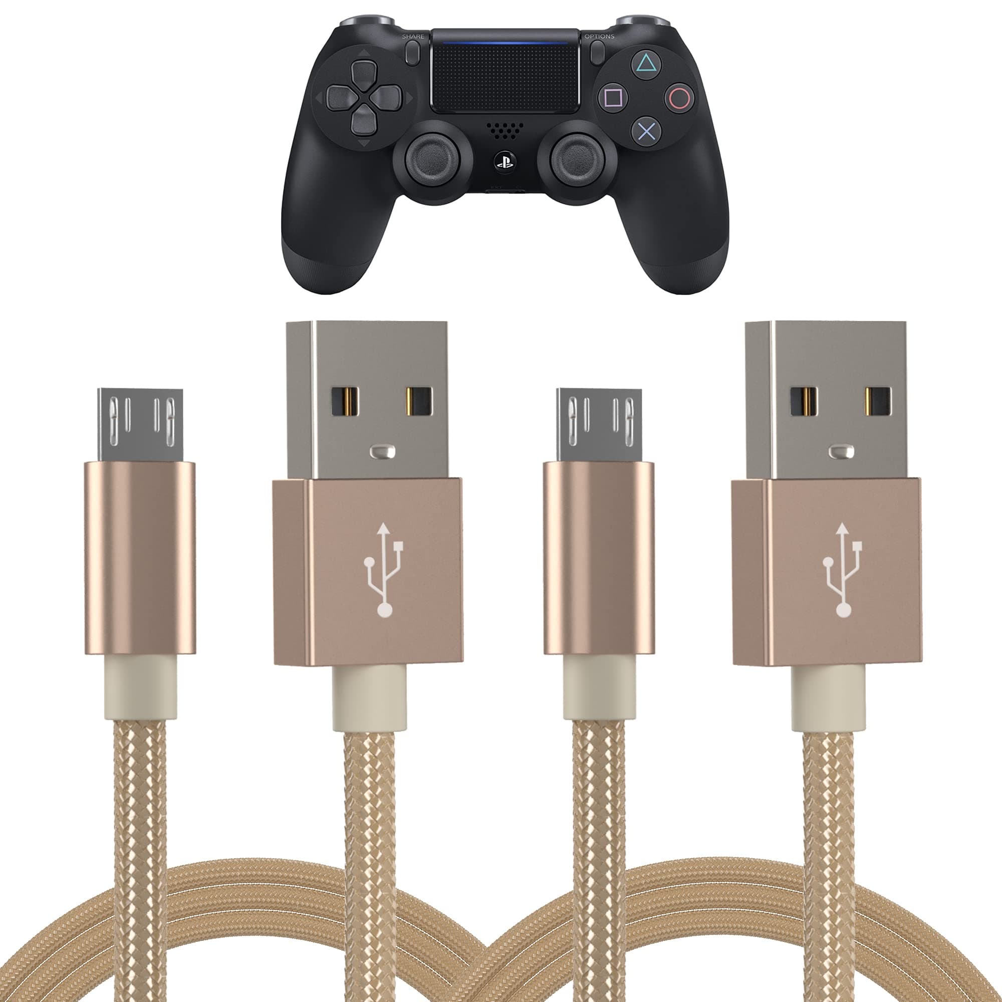 TalkWorks PlayStation 4 Charging Cable - 6' Nylon Braided Micro USB Charger Cord, Heavy Duty Fast Charge for PS4 (Gold, Pack of 2) (14092)