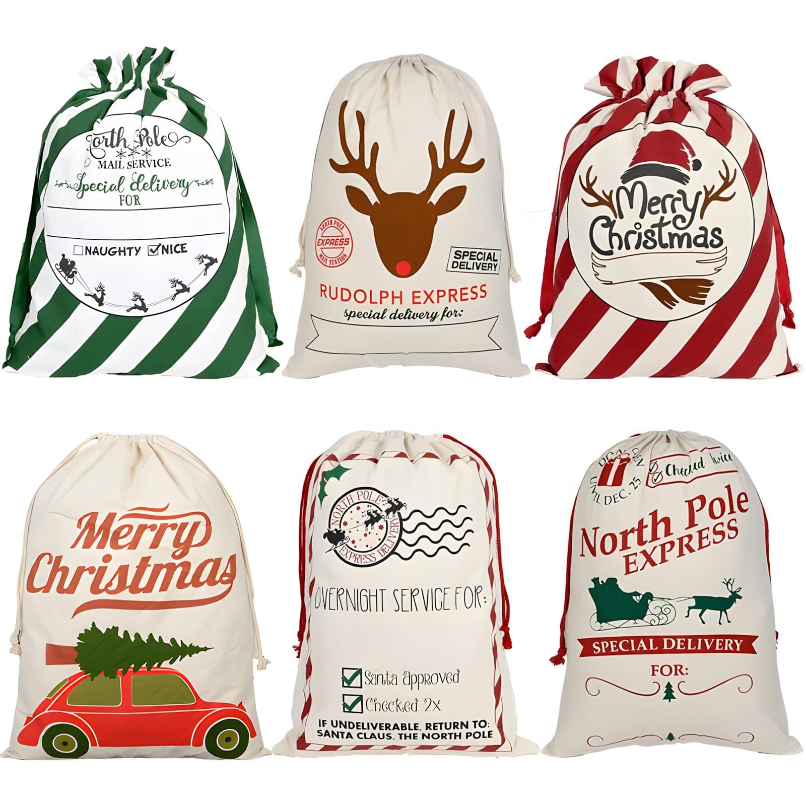 LDIWEE 6 Pack Santa Sacks Christmas Canvas Bag, Large Reusable Gift Bags with Drawstrings, Personalized Gift Bags for Christmas Thanksgiving New Year Party Supplies - Size 27.6 x19.7 Inch