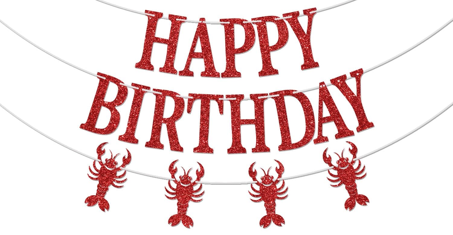 Lobster Happy Birthday Banner, Let the Good times Boil - Let's Get Cray Decorations, Lobster Themed Birthday Party Decoration Supplies Red Glitter