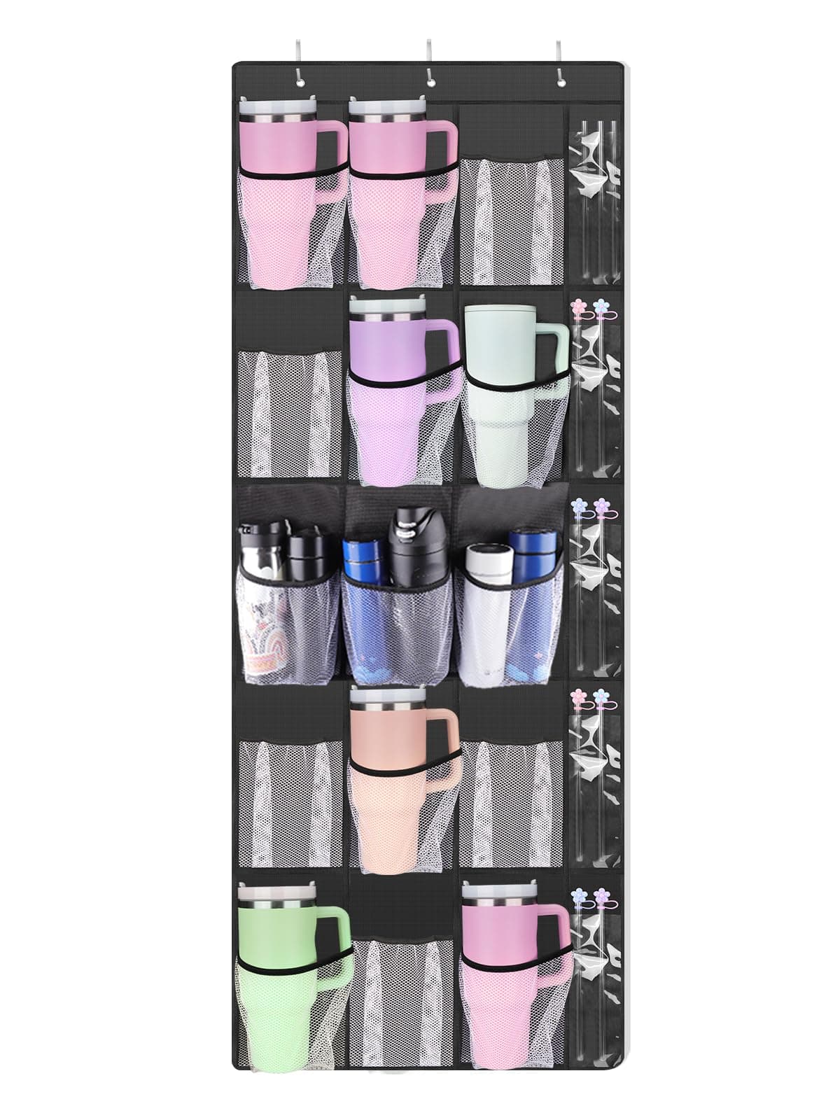 AIERSA Tumbler Organizer for Stanley 40 30 oz Cups,15 Large Water Bottle Storage Pockets Over the Door for Various Sizes Cup, Tumbler Storage Holder, Kitchen Cabinets Organizers Accessories