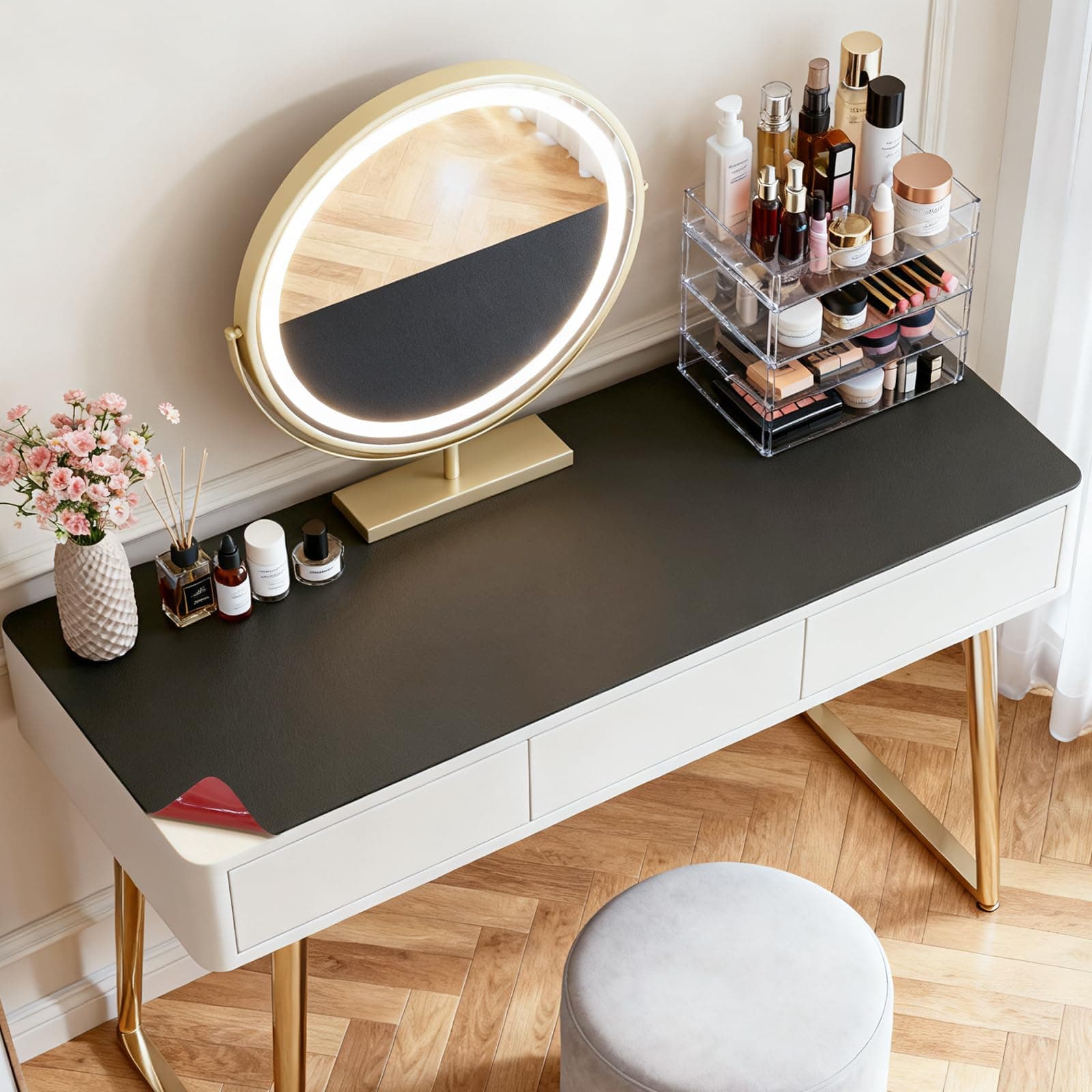 LovePads Makeup Mat for Vanity, 16 x 36 Dual-Sided Desk Pad & Vanity Cover Top, Waterproof PVC Protector Mat for Dresser, Nail Art, Craft Table (Black+Red)
