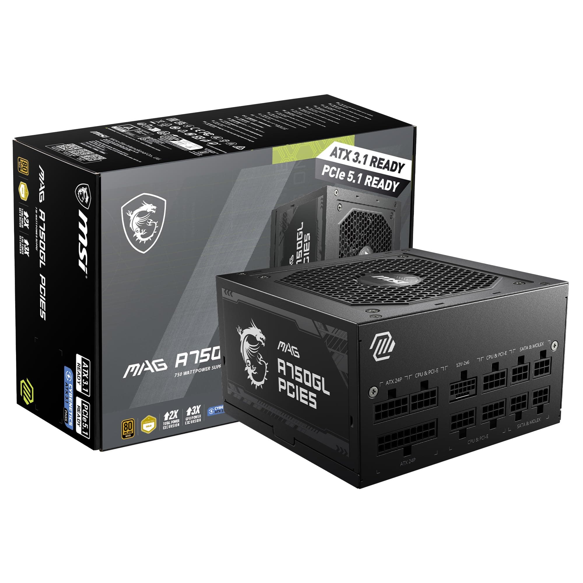 MSI MAG A750GL PCIE5, Fully Modular Compact Gaming 750W Power Supply, 80+ Gold, ATX 3.1 & PCIe 5.1 Ready, Native Dual-Color 12V-2x6 Cable, 10 Year Warranty