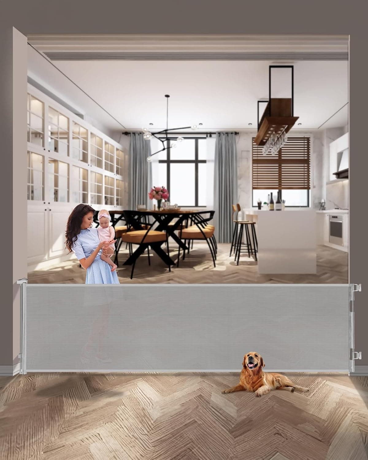 dearlomum Retractable Baby Gate,Mesh Baby Extra Wide Gate,Extra Long Dog Gate,33" Tall,Large Extends up to 118" Wide,Child Safety Extra Large Gate for Doorways, Stairs, Indoor/Outdoor(Grey,33"x118")