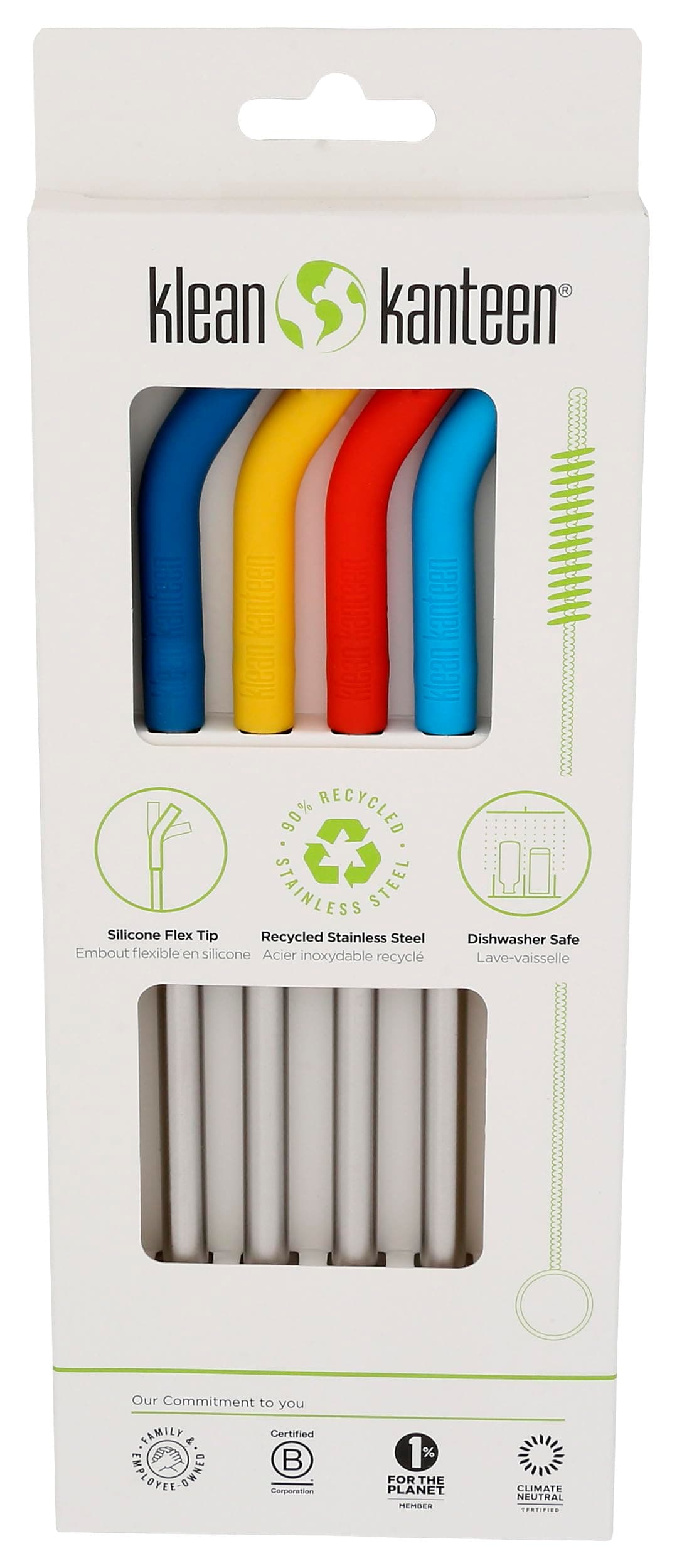 Klean Kanteen Recycled Stainless Steel Straw Set - Food Grade Silicone - with Straw Cleaner Brush - Multicolor, 4 Pack