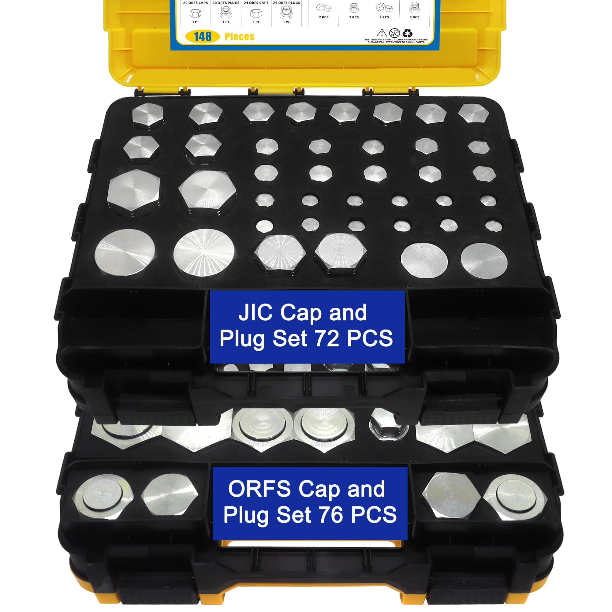 148 PCs JIC and ORFS Master Industrial Hydraulic Cap and Plug, Hose Tube and Pipe Fitting Kit Cap and Plug Kit, Precision Threading in ORFS Sizes 4 6 8 10 12 16 20 24 and 37° Dash Sizes 4 6 8 10 12 16
