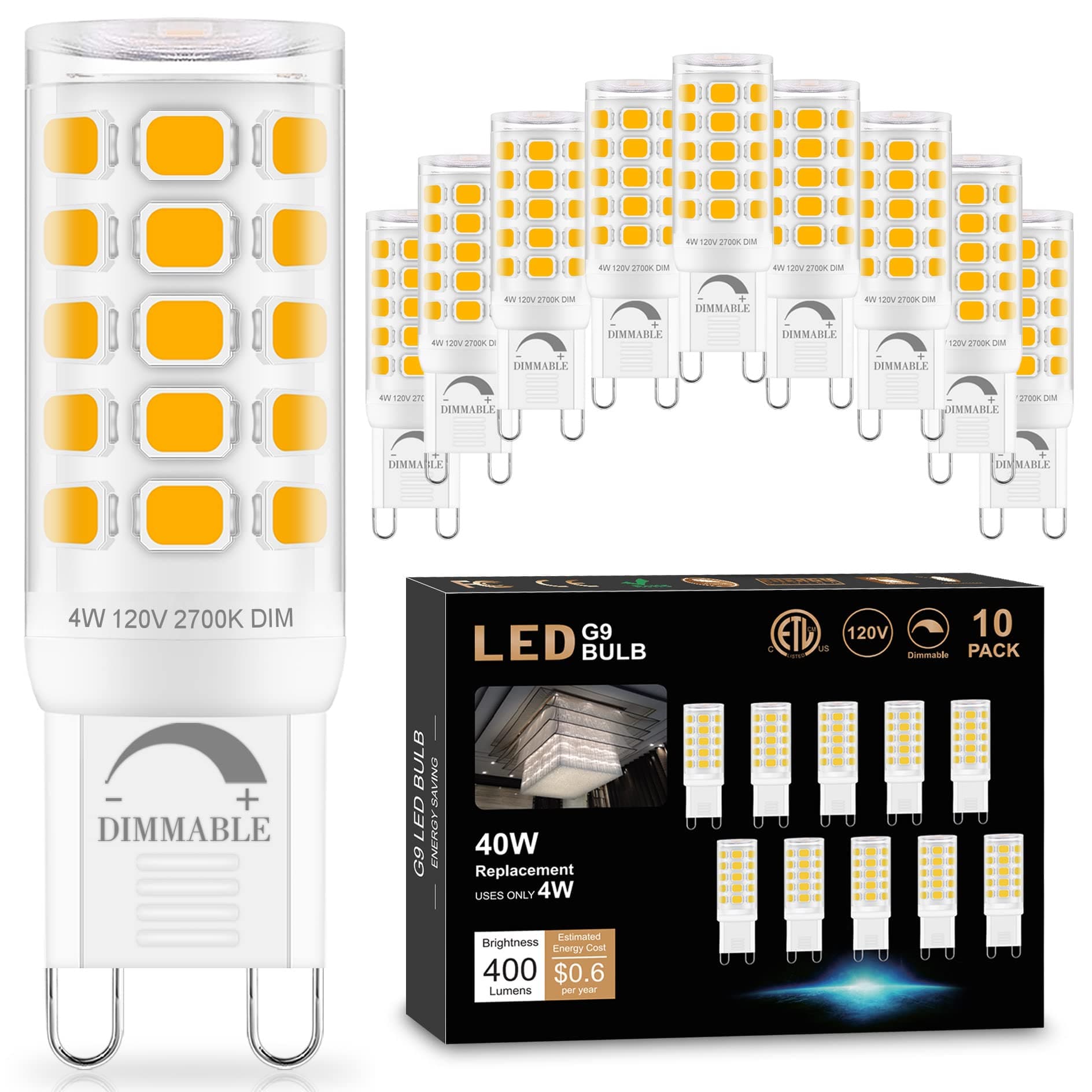 10 Pack Dimmable G9 LED Bulb 2700K Soft Warm White, Sailstar T4 G9 4W Replacement for 40 Watts Halogen, Ceramic Bi Pin Base, 120V 400 Lumen 360°Beam Angle, G9 Light Bulbs for Chandelier