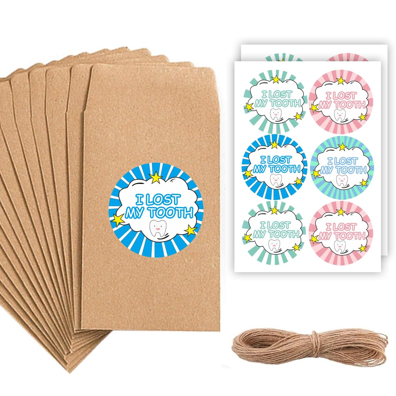 52 Pcs Lost Tooth Receipt Envelopes with 52 Pcs I Lost Tooth Stickers for Lost Tooth Certificate for Children Milk Teeth Storage Fairy Bag Classroom Party Supply