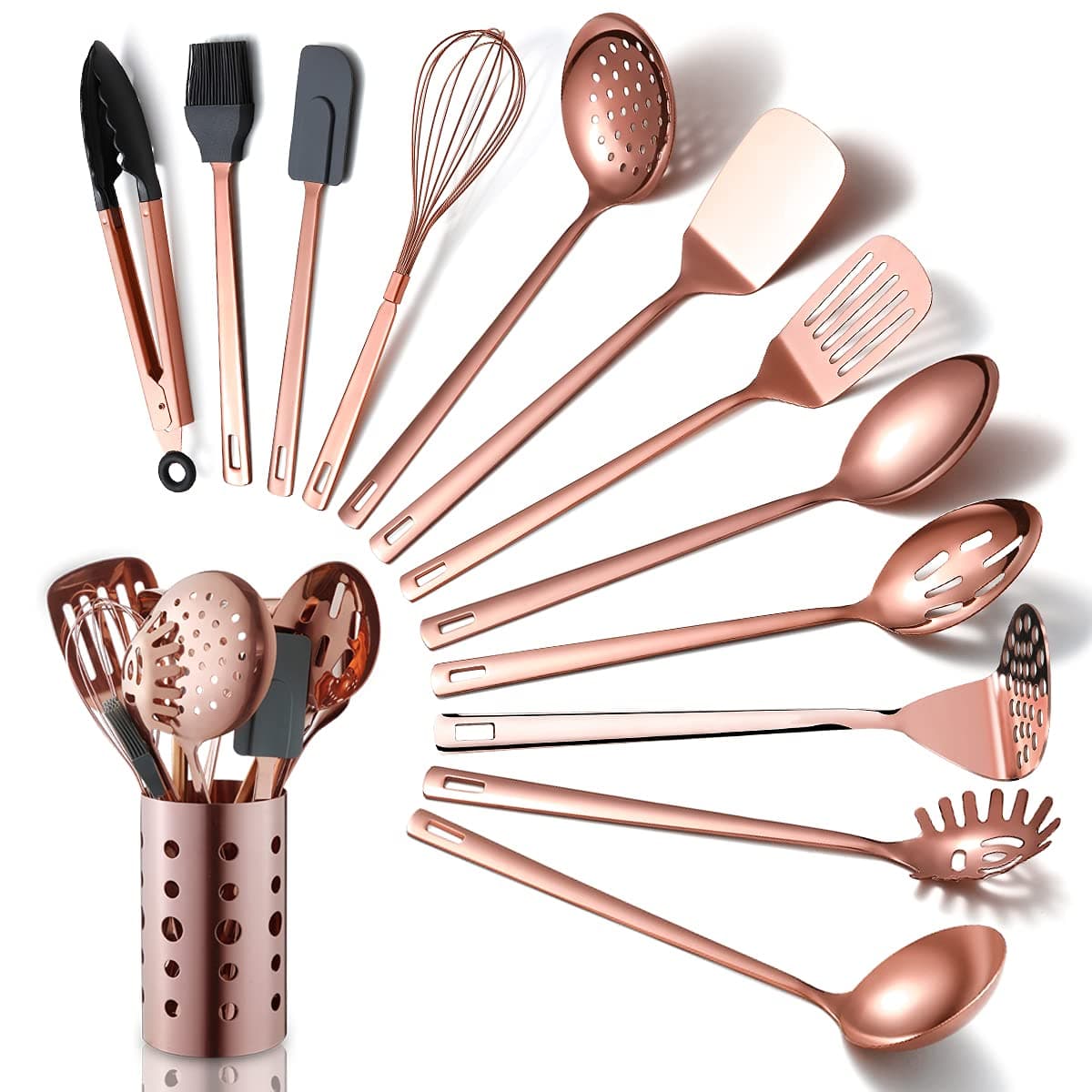 Copper Kitchen Utensils Set,13 Pieces Stainless Steel Cooking Utensils Set with Titanium Rose Gold Plating,Kitchen Tools Set with Utensil Holder for Non-Stick Cookware Dishwasher Safe (13 Packs)