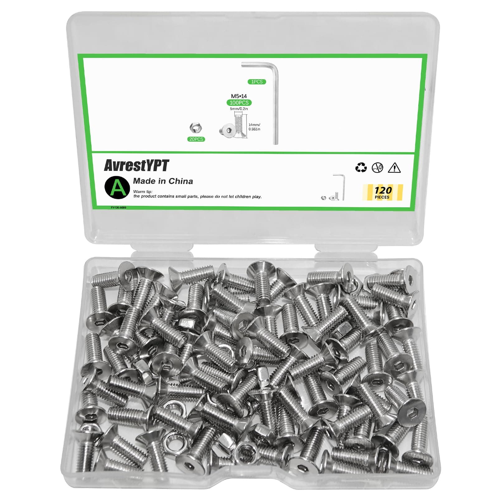 120Pcs M5x14 Flat Head Socket Cap Screws Countersunk Bolts, Allen Socket Drive, Stainless Steel 18-8 (304), Full Thread, Bright Finish