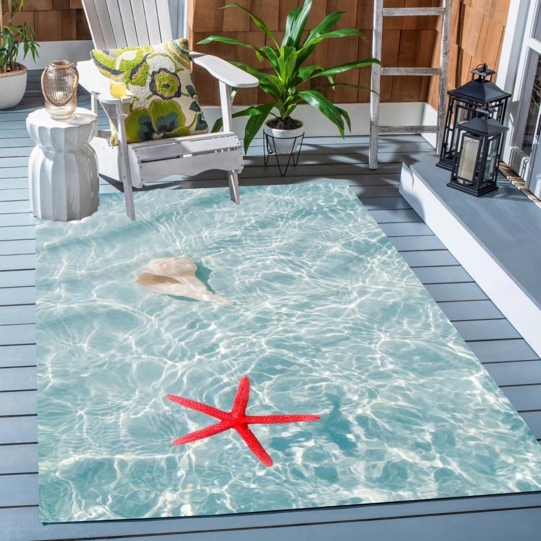 Coastal Ocean Beach Theme 3D Blue Indoor Outdoor Rug for Bedroom Livingroom Patio Camping Rv Picnic Backyard Deck Balcony Porch Easy Cleaning Reversible Floor Carpet Mat 3x5