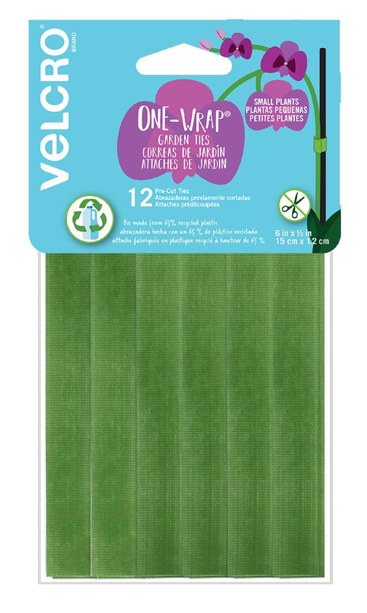 Velcro Brand VEL-30087-AMS ONE-WRAP Ties Starter Pack for Container Gardens or Houseplants, 12pcs, Pre-Cut, 6 in x 1/2 in, Green - Recycled Plastic