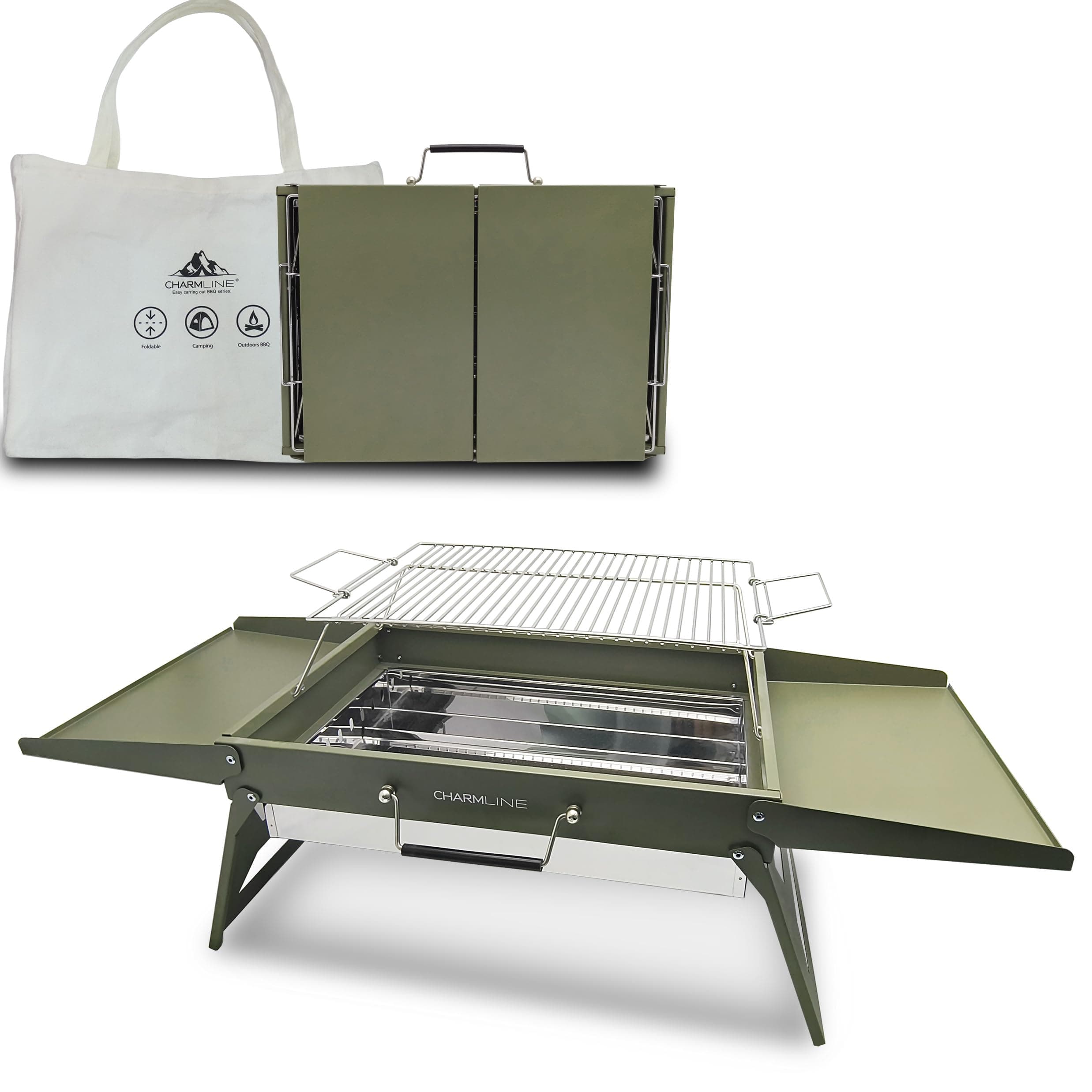 Charmline 47 x 34 cm Big Foldable Portable Grill Charcoal, Compact Portable Grill for Outdoor Use, Desktop Charcoal Grill, BBQ Grill for Camping, Picnics, Gardens and Beach Parties, Green