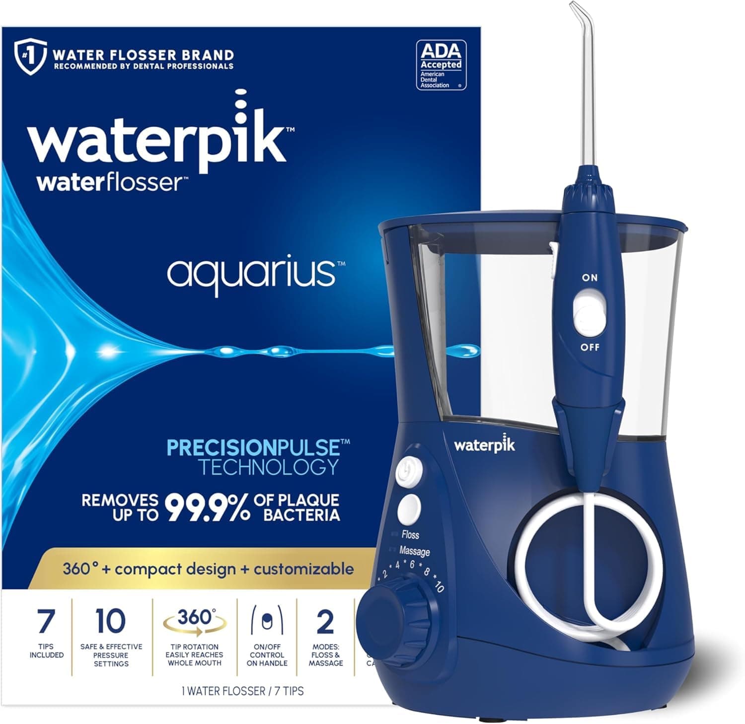 Waterpik Aquarius Countertop Water Flosser WP-663, Blue, 7 Tips