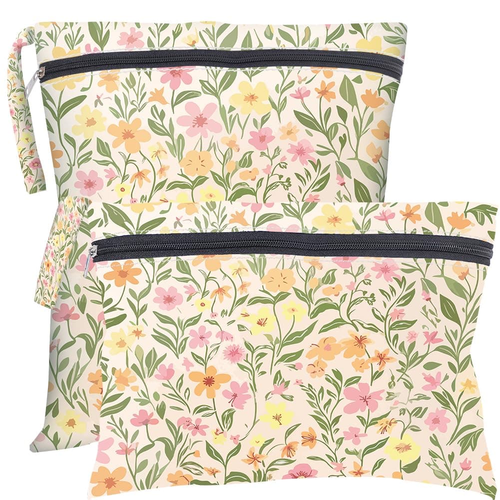 PRESSINART 2Pcs 2 Sizes Floral Wet Bag Beach Wet Dry Bags Flower Pattern Polyester Waterproof Sandproof Reusable Storage Zipper Pouches for Friends Swimsuit Travel Dirty Diaper Clothes Birthday Gifts