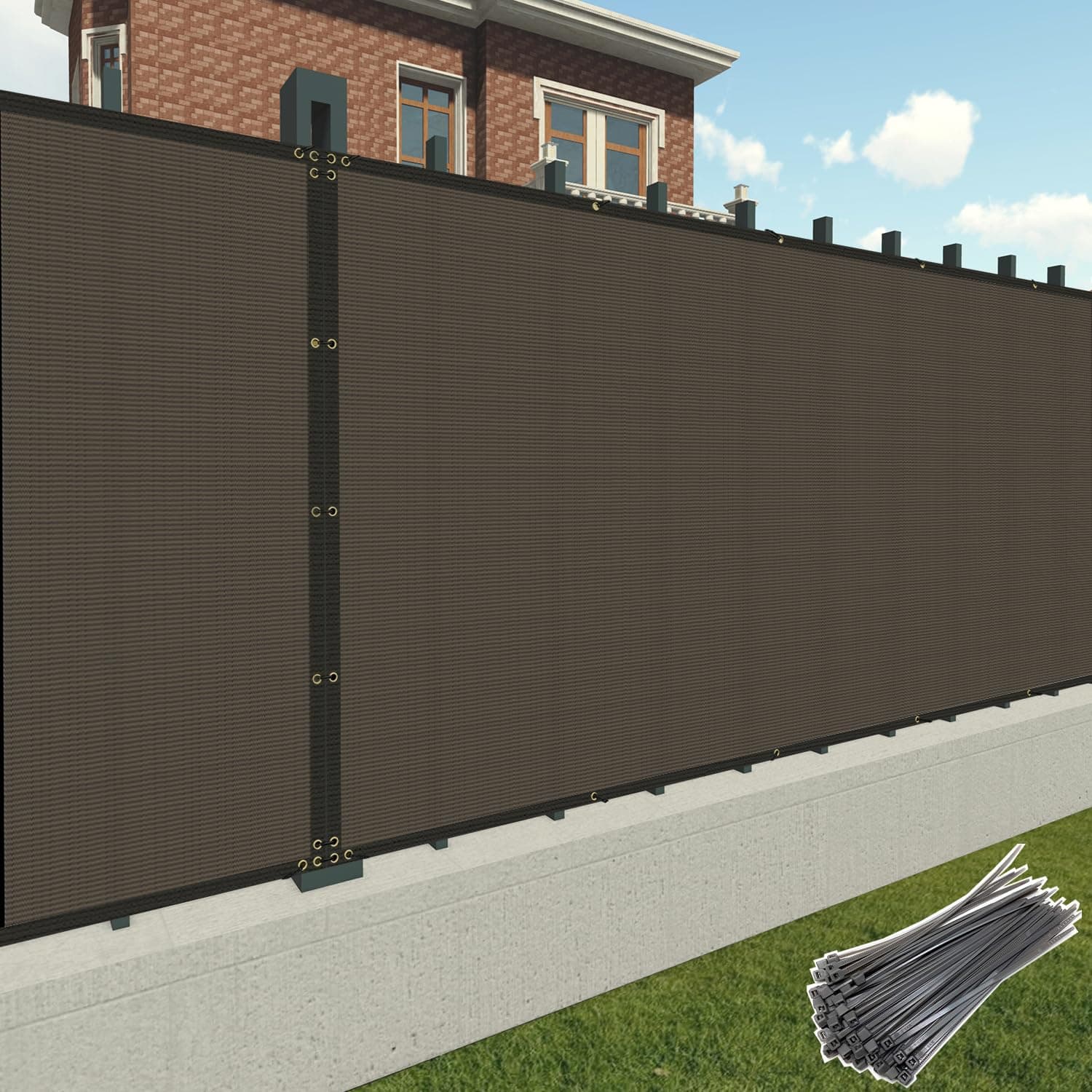 Patio 6' x 20' Fence Privacy Screen Brown Commercial Grade Heavy Duty Outdoor Backyard Shade Windscreen Mesh Fabric with Brass Gromment with Zipties
