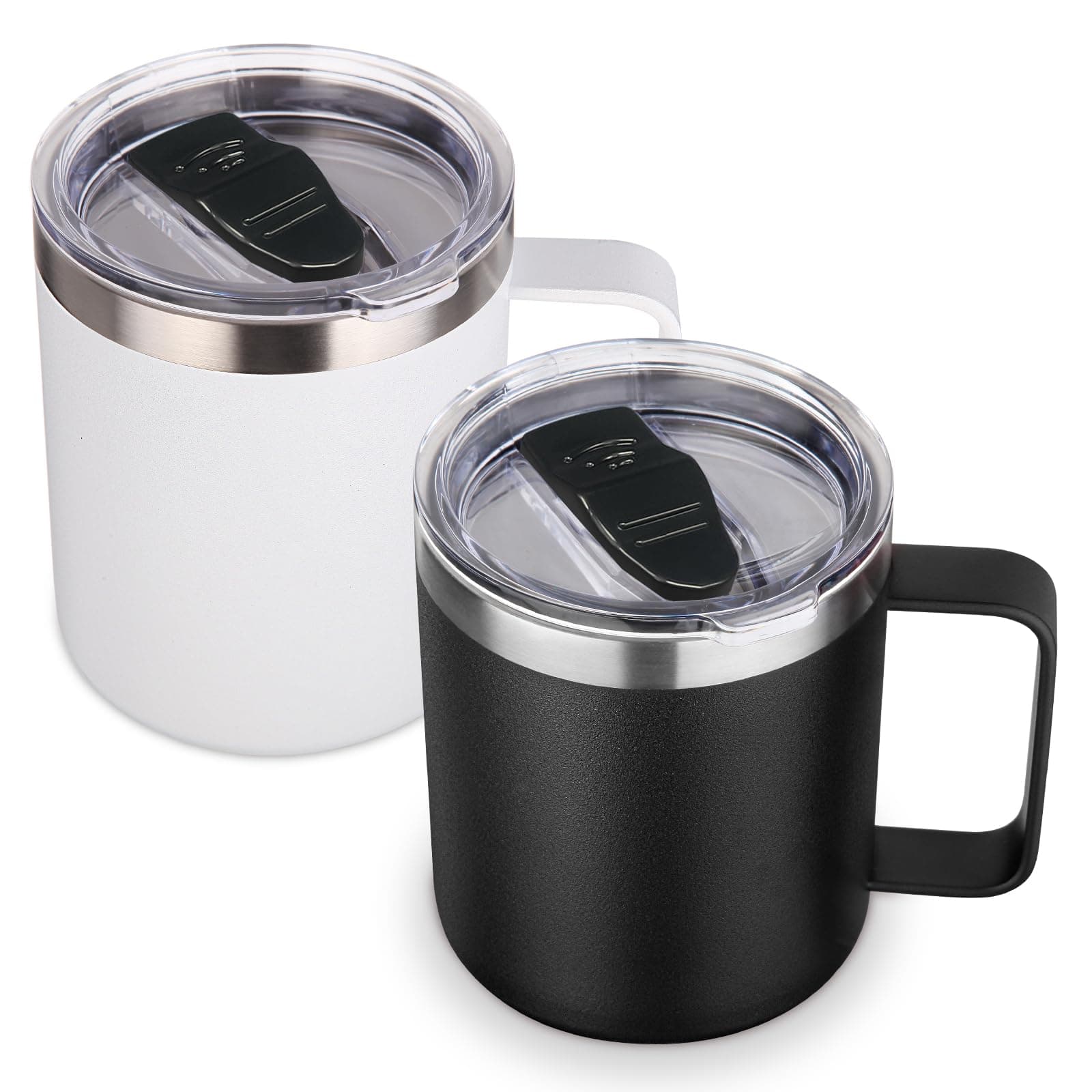 Volhoply 14oz Insulated Stainless Steel Coffee Mug with Lid Bulk 2 Pack,Double Wall Vacuum Travel Coffee Cup with Handle,Reusable Metal Cups Tumbler,Camping Mugs Keep Hot/Cold(Assorted,2)