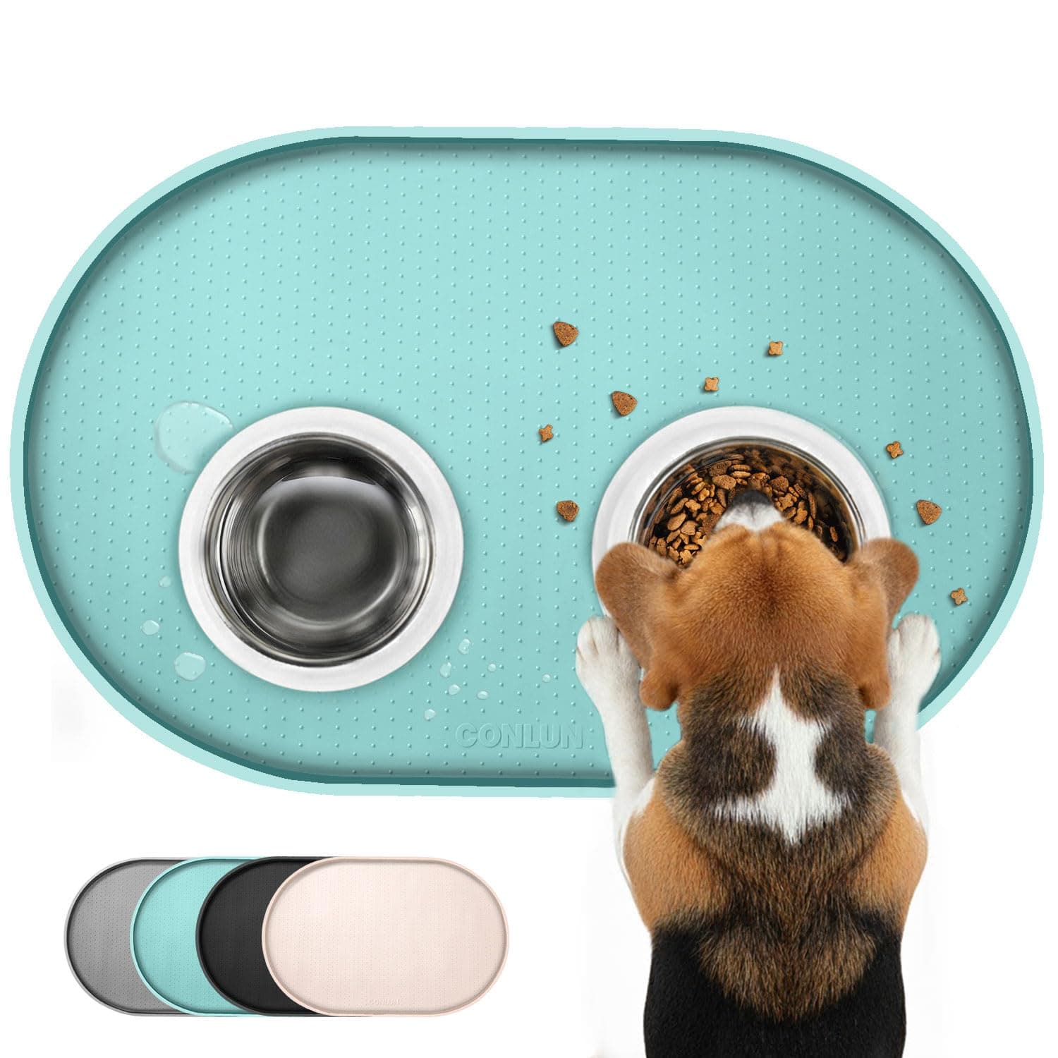 Conlun Dog Food Mat,1.2 cm Raised Edges Cat Food Mat for Spill Containment,BPA-Free Silicone Pet Food Mat for Floor Waterproof,Rubber Dog Mats for Food and Water Bowls(Turquoise,48 x 30cm)