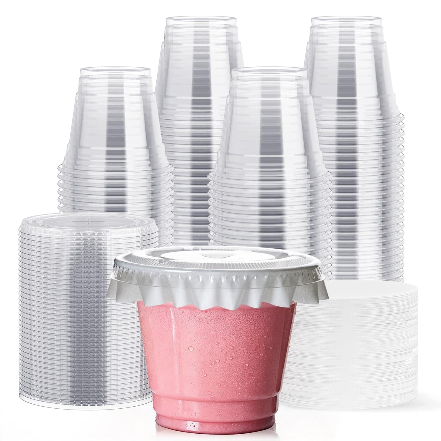 JOLLY CHEF 200 Sets 9 oz Clear Plastic Cups with Flat Lids, and Paper Lid Liners, 9 Ounce Plastic Cups with Flat Lids for Parfait, Snacks, Fruit, Pudding