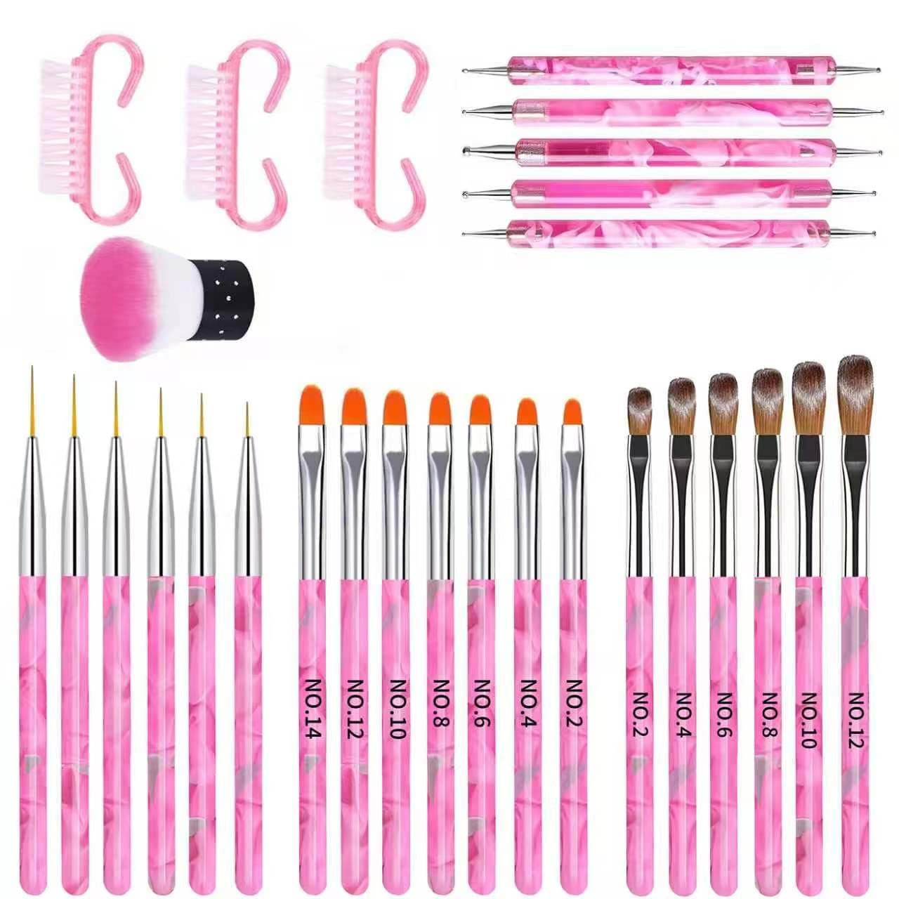 28Pcs Pink Handle Nail Art Brush Set - All-in-One Manicure Tool Kit with Cuticle Brush, Dust Brush, Liner Brush & Builder Gel Brushes for Salon & DIY Nail Art