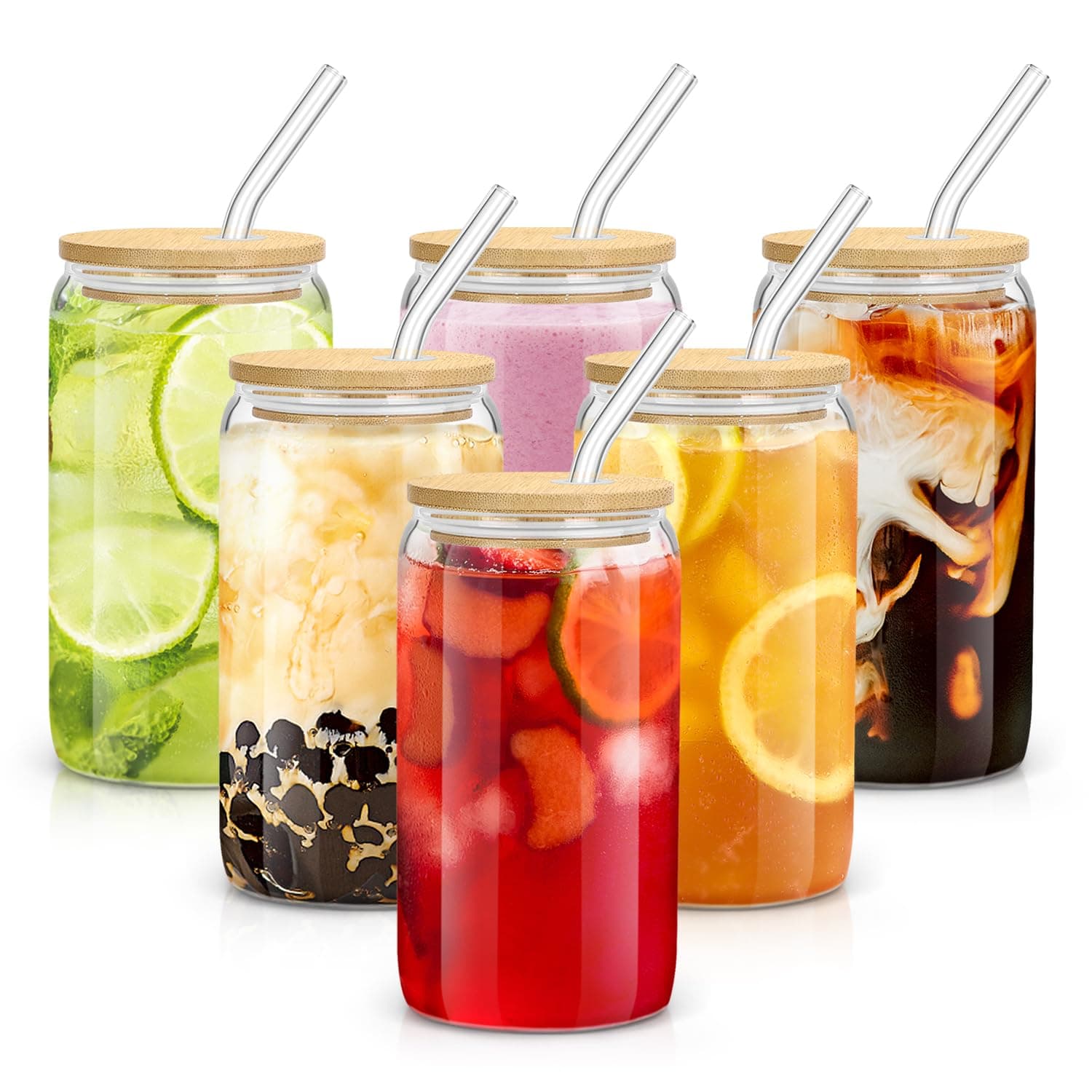 Glass Cups with Lids and Straws - 16 oz Glass Drinking Cups Set for Coffee