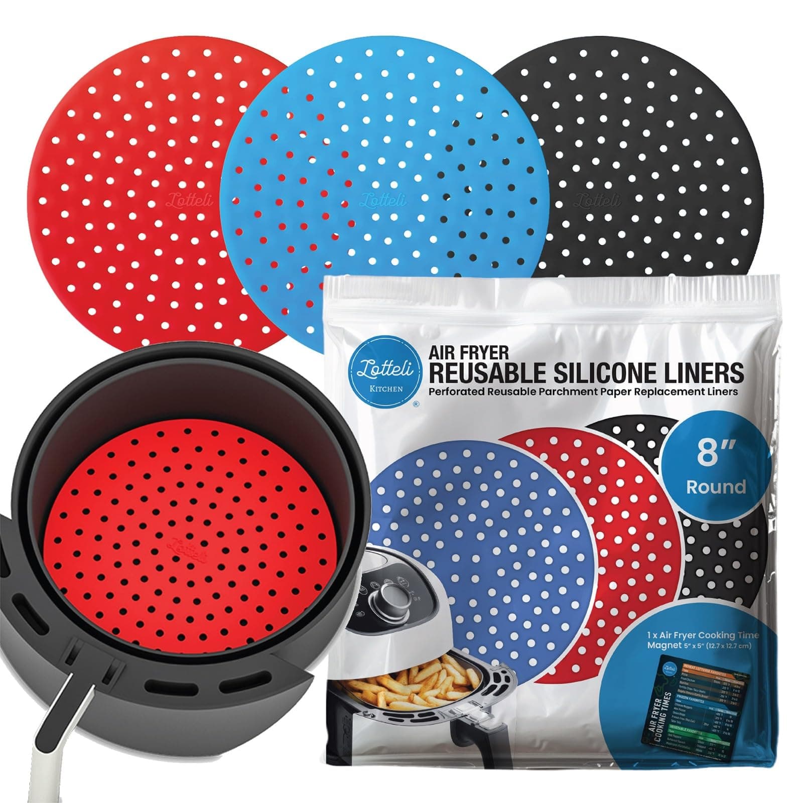Reusable Air Fryer Liners 3 Pack for 5-7QT Fryers - 8" Round Silicone Air Fryer Liners - Easy to Clean Air Fryer Accessories - Non-Stick Parchment Paper Replacement