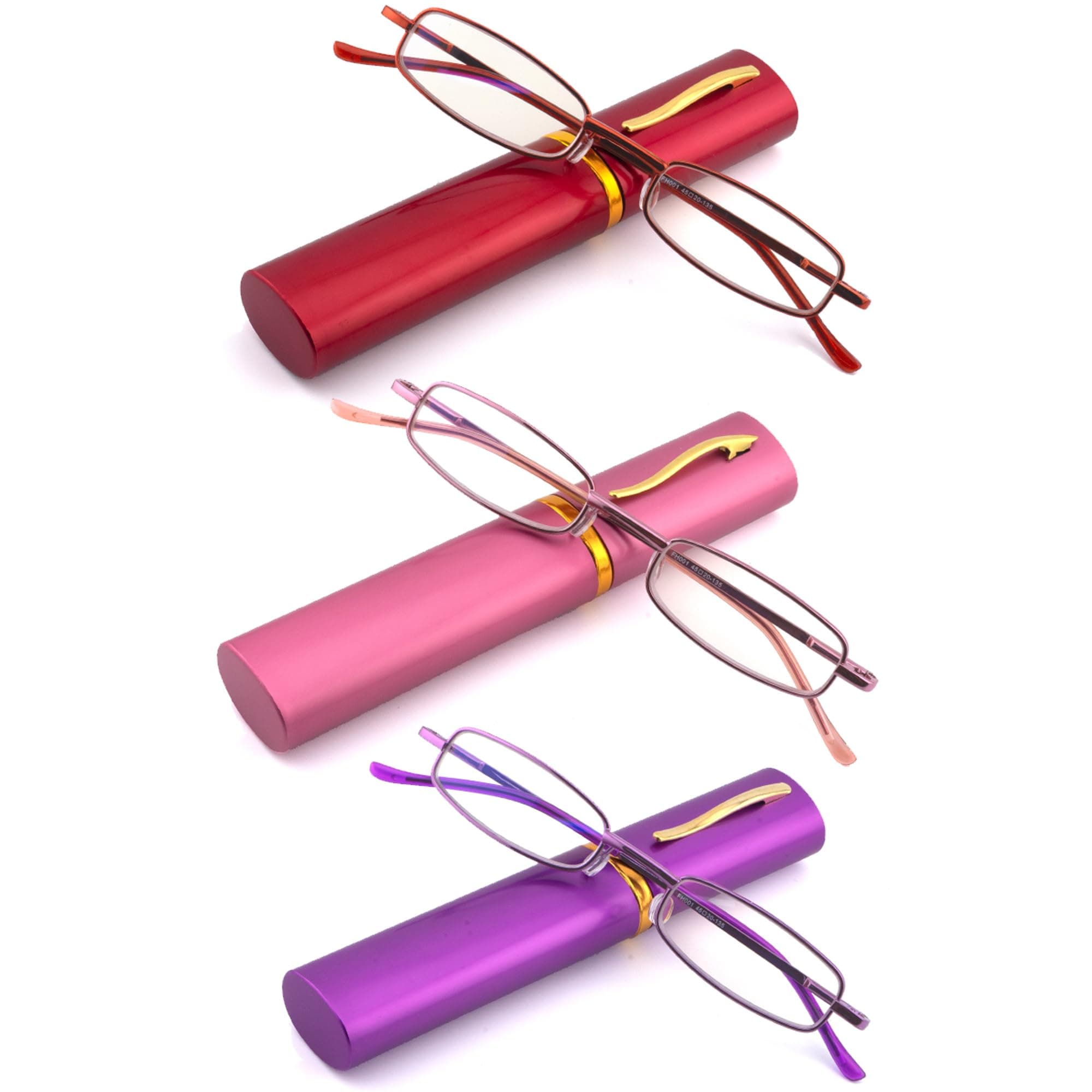 SOPHILY 3 Pack Slim Pocket Reading Glasses for Men Women Blue Light Blocking Compact Readers Spring Hinge Metal Frame Eyeglasses with Portable Pen Clip Tube Case (Red Pink Purple,1.50)