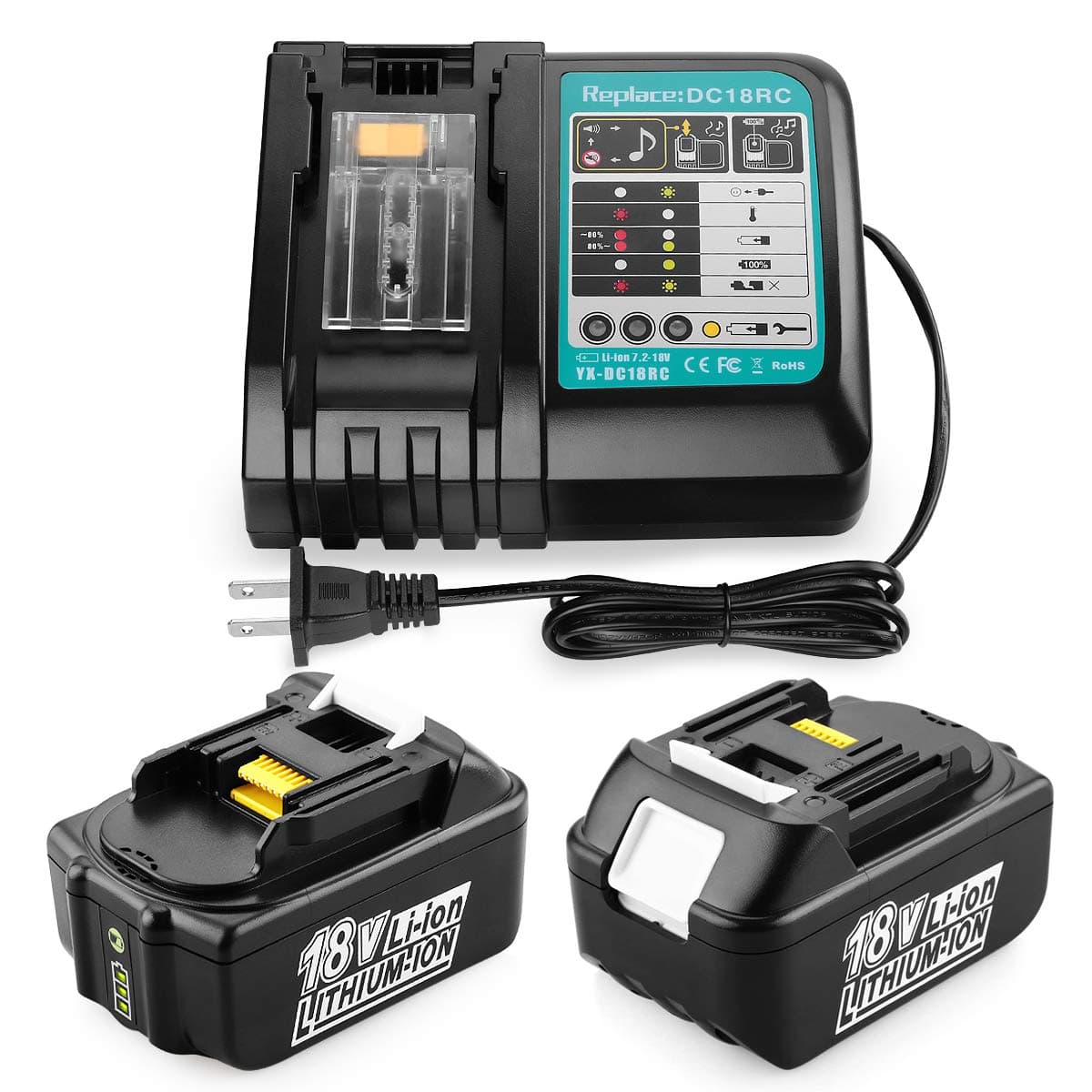 2Pack 18V 5.0Ah Replacement Battery + Charger, for Makita 18-Volt LXT Battery for BL1860 BL1850 BL1830 BL1840 BL1850b BL1860B, with DC18RC Charger for Makita 18V Batteries