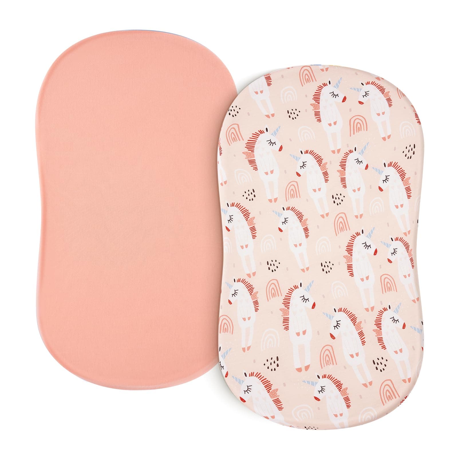 TILLYOU Baby Bassinet Sheets for Girls Boys 2 Pack Baby Sheets for Square Rectangle Oval Bassinet Mattress 33X16 Inch, Unicorn & Meat Powder