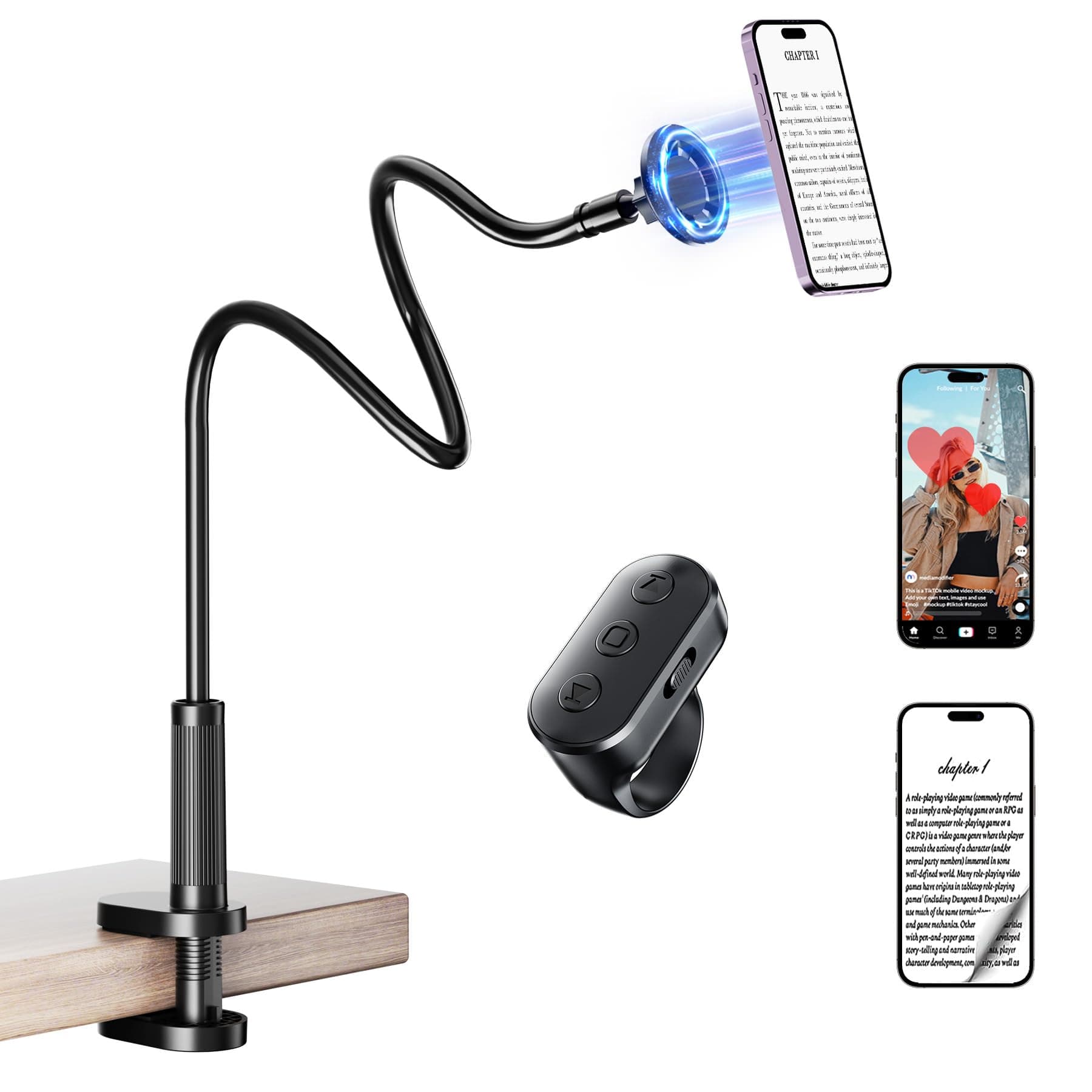 Magnetic Phone Holder for Bed Laying Down with Remote Page Turner, Bedside Gooseneck Phone Stand with Clicker for Reading, Flexible Mount with Wireless Scrolling Ring for iPhone/Tiktok/Short Video