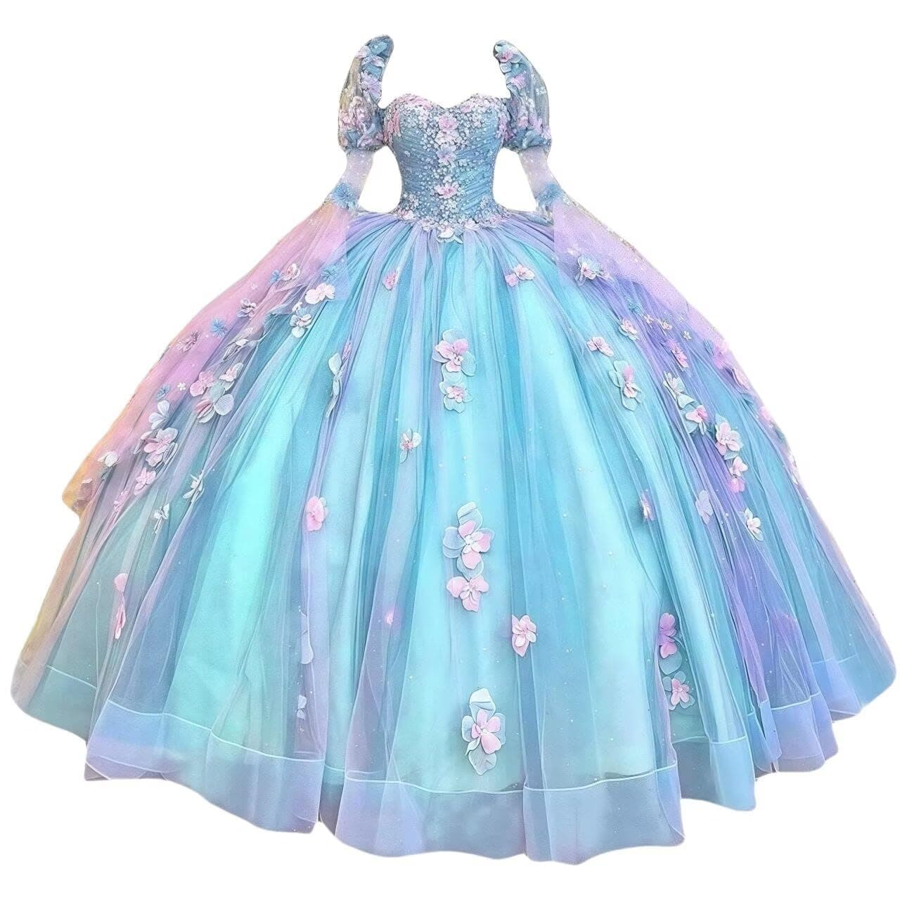 Dydsz Sparkly Tulle Quinceanera Dresses with Sleeves Flowers Prom Ball Gown with Bow Sweet 15 16 Dress for Teens, Light Blue1, 8
