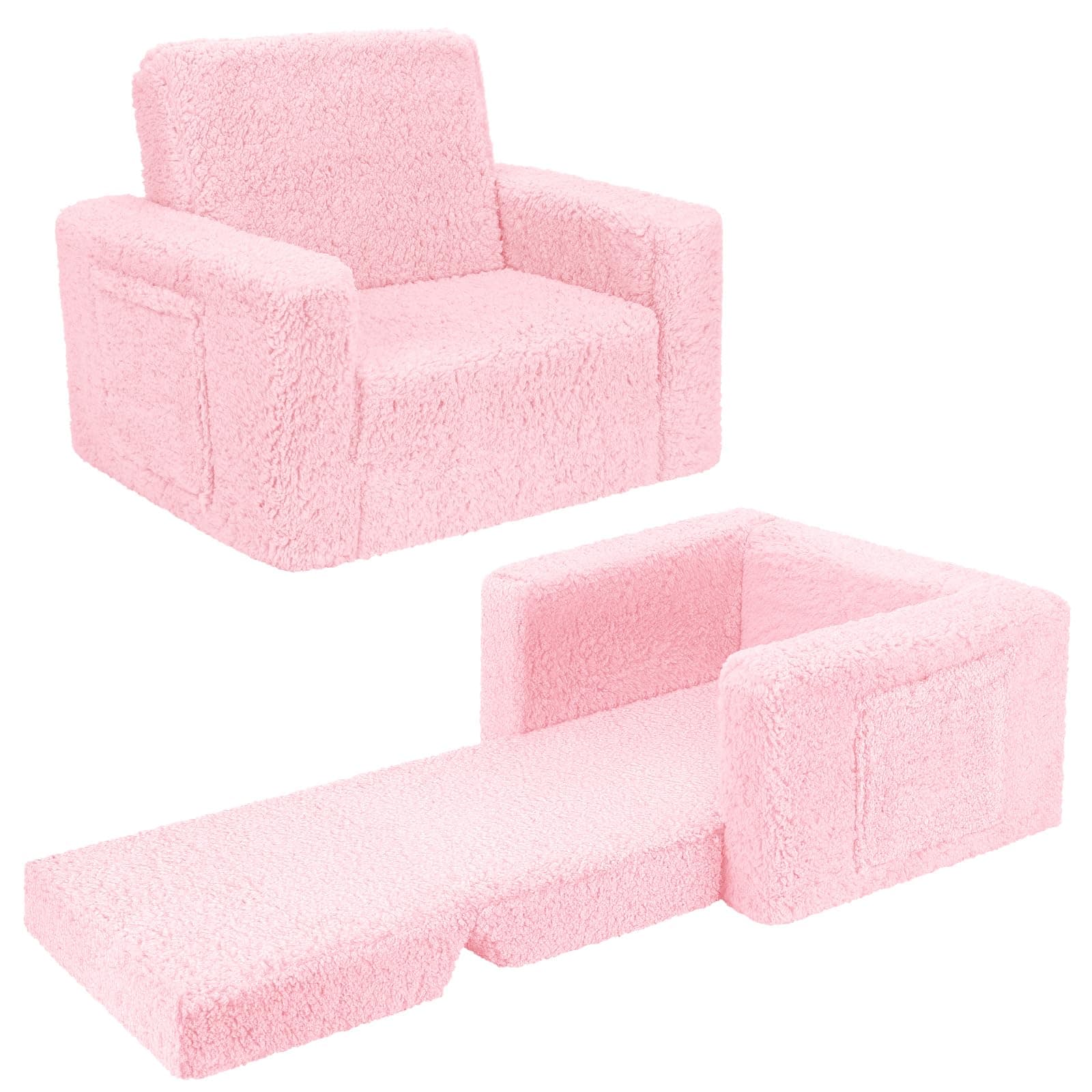 SLIGUY Toddler Couch, Convertible Sofa to Lounger, Kids Sofa, Pink Sherpa Cover
